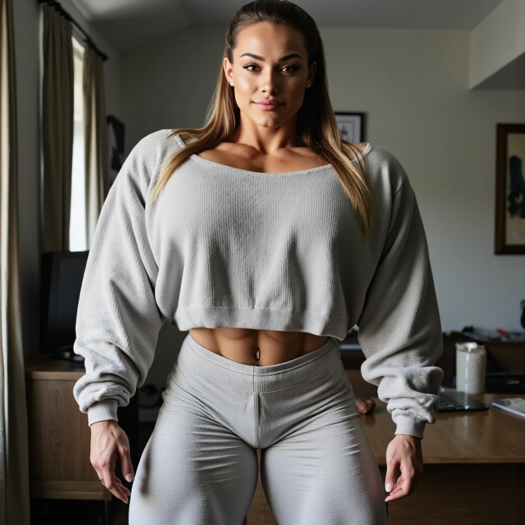 Velma. Valerie Adams,  ronda rousey,  carmen electra, Generate a full length fashion portrait of a heavily muscled iff pro female bodybuilder , her makeup, hair, she is dressed in a tight silk shirt, tight miniskirt, white knee high socks, xmas hat, lighting, environment