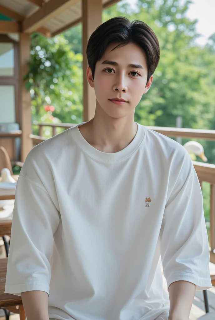 ((realistic daylight)) , Young Korean man in a white t-shirt Denim shirt, jeans, A handsome, muscular young Asian man looks at the camera. , in the restaurant ,turn sideways