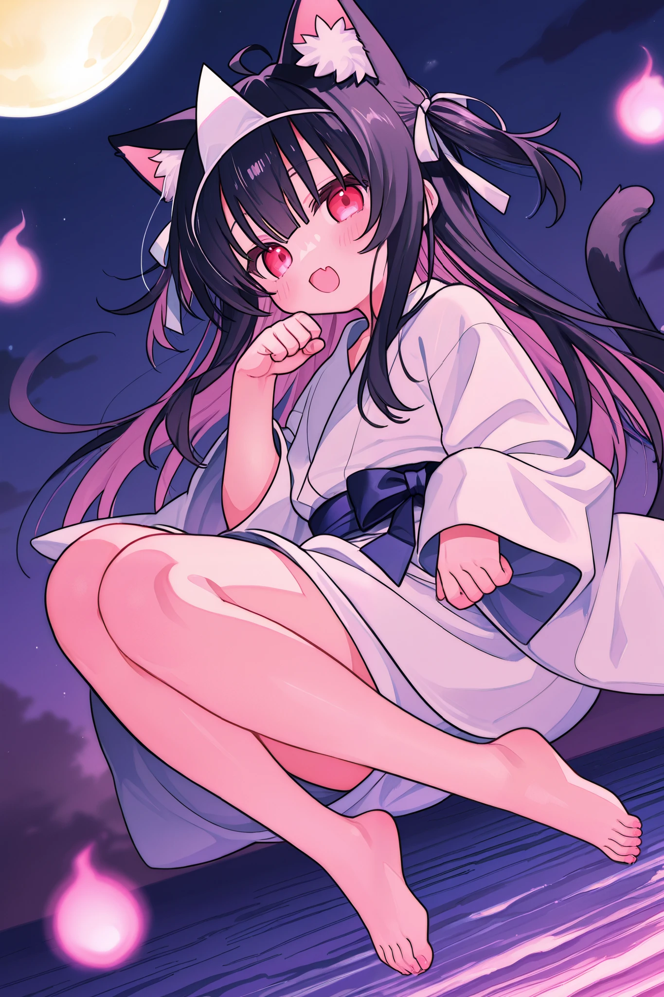 輝いた full moonの夜空、 full moon、High detail and high drawing volume、eyes drawn in super detail、high image quality during sick leave、high quality、anime、illustration for both eyes、digital art、ghost、 Triangle Headpiece、long hair、rose twin tail、blue gradation at the tip of the hair、reddish black hair、Cat ears、Young face、Petite、No nose、eyes shining red and pink、 mischievous eyes 、 white yukata、bare feet、smile and open your mouth wide and vertical、full body、Body floats、stand、and souls float around、