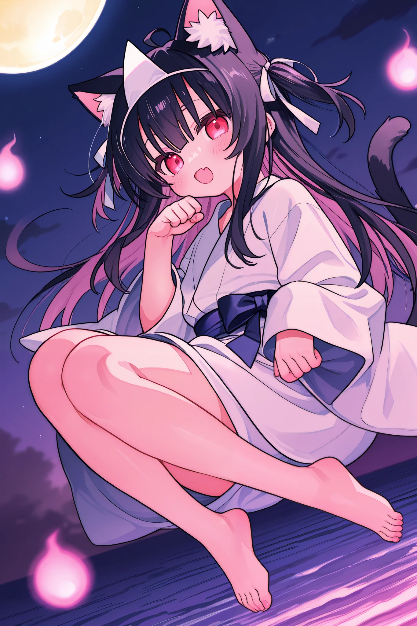 輝いた full moonの夜空、 full moon、High detail and high drawing volume、eyes drawn in super detail、high image quality during sick leave、high quality、anime、illustration for both eyes、digital art、ghost、 Triangle Headpiece、long hair、rose twin tail、blue gradation at the tips of the hair、reddish black hair、Cat ears、Young face、Petite、No nose、eyes shining red and pink、 mischievous eyes 、 white yukata、bare feet、smile and open your mouth wide and vertical、full body、Body floats、stand、and souls float around、