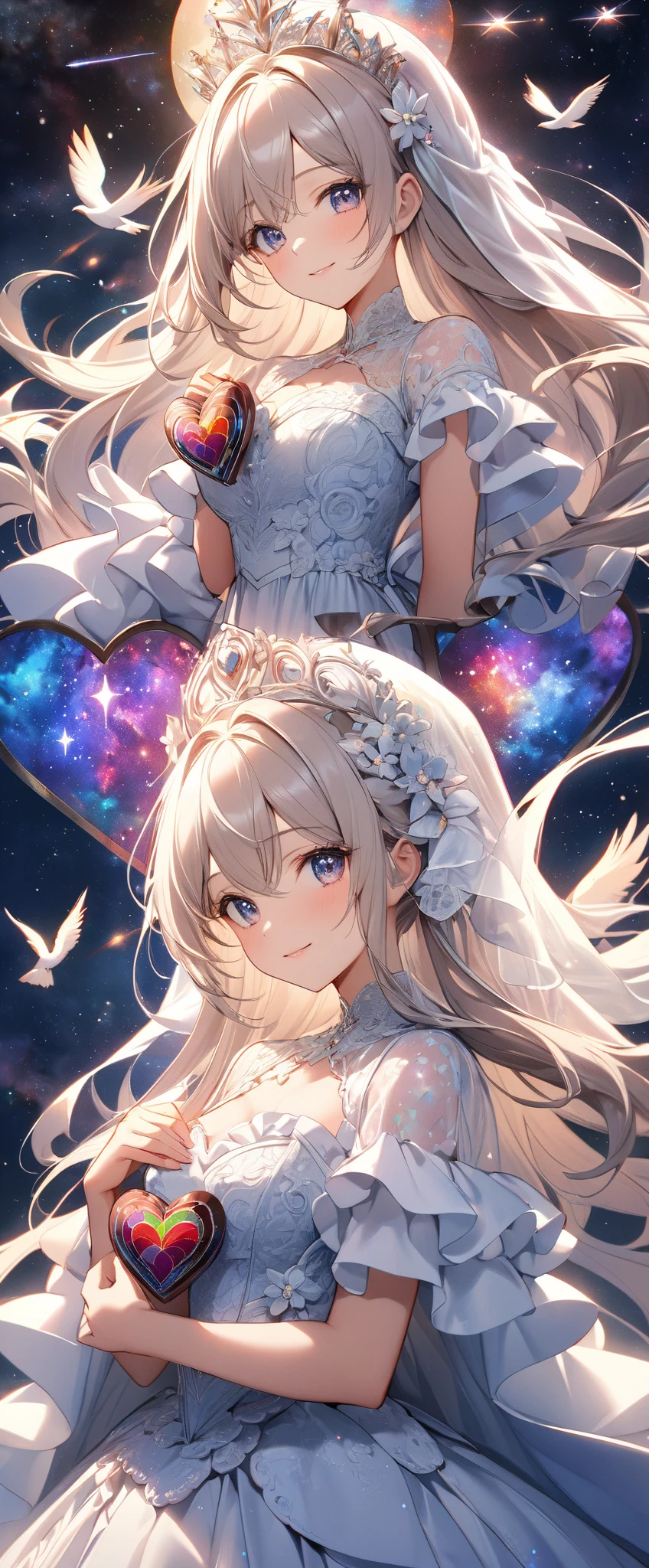 She looks like a doll with a white dress covered in hearts. Her face is round and it looks like a sun. SPARKLE; GLITTER