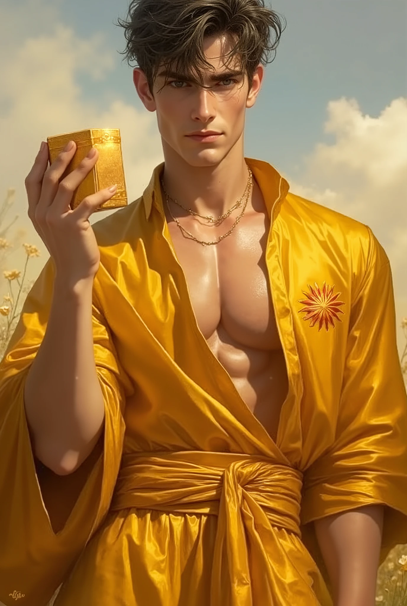 Young wizard man, Handsome, sexy in a rich yellow outfit, tunic style that leaves your abdomen exposed, with a with glemering golden sun logo. super shiny cube box in his right hand with his legs exposed, pronounced glutes, delicate appearance. weadow background photo style