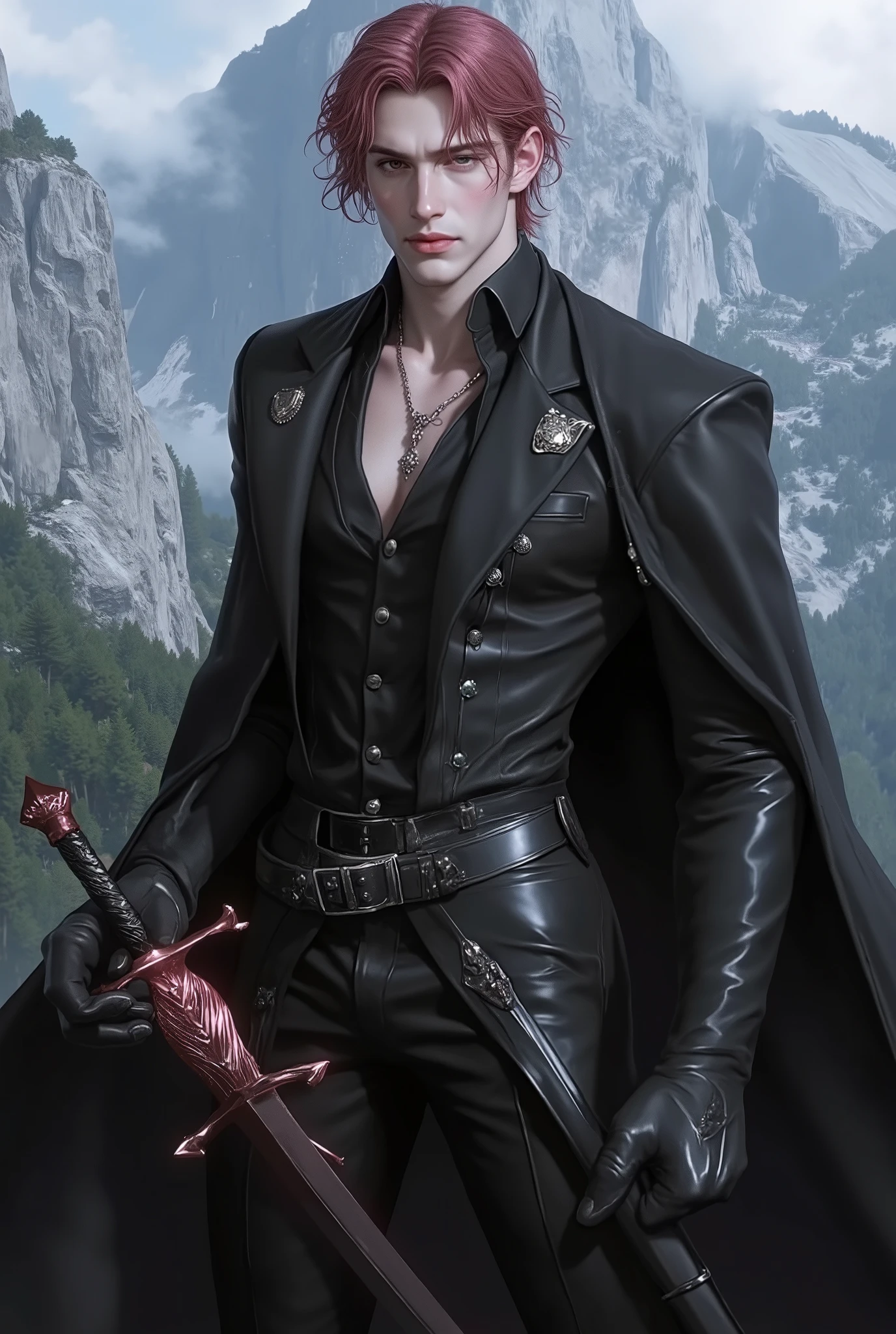 Young wizard man, Handsome, sexy in a jet black outfit, tunic style that leaves your abdomen exposed, with a old roses pinks glemering saber sword in his right hand , pronounced glutes, delicate appearance. His eyes are deep and mesmerizing, a rich green . His hair is a skinhead, with subtle hints of crimson highlights with medium-length strands that fall naturally in soft, wavy layers. mountain background photo style