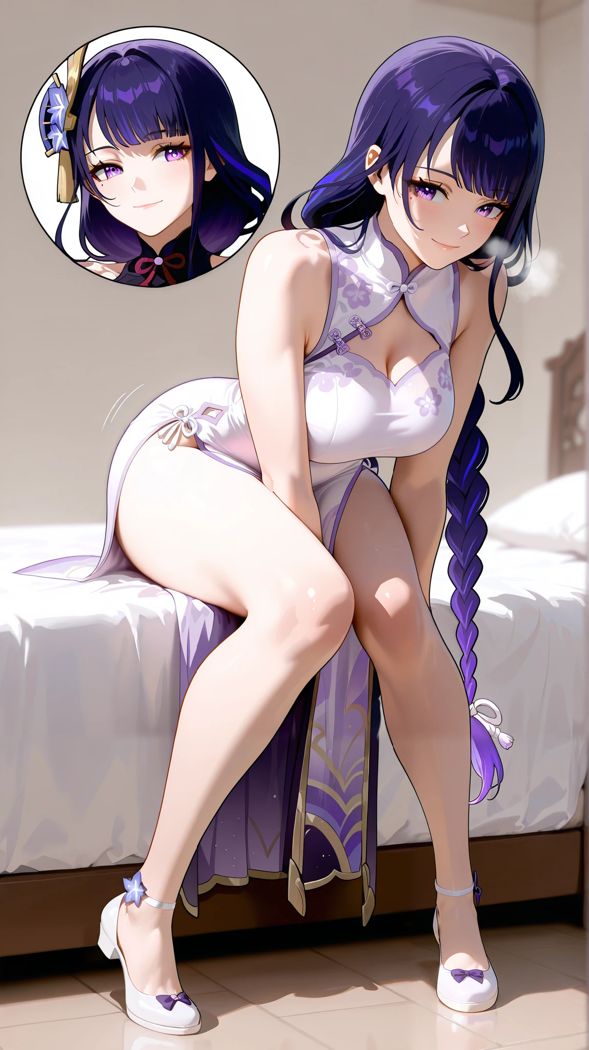 masterpiece, best quality, amazing quality, 1girl, Raiden Shogun, Genshin Impact, purple eyes, purple hair, long hair, white Chinese cheongsam, beautiful legs, white legs, smile, close up shot, simple background, medium size  , golden ratio face, Sleeveless top, side-open skirt, looks happy, blushes, breathes heavily, has a breathing effect, leaning forward, anime face, anime realistic face, full body in bedroom set on bed.