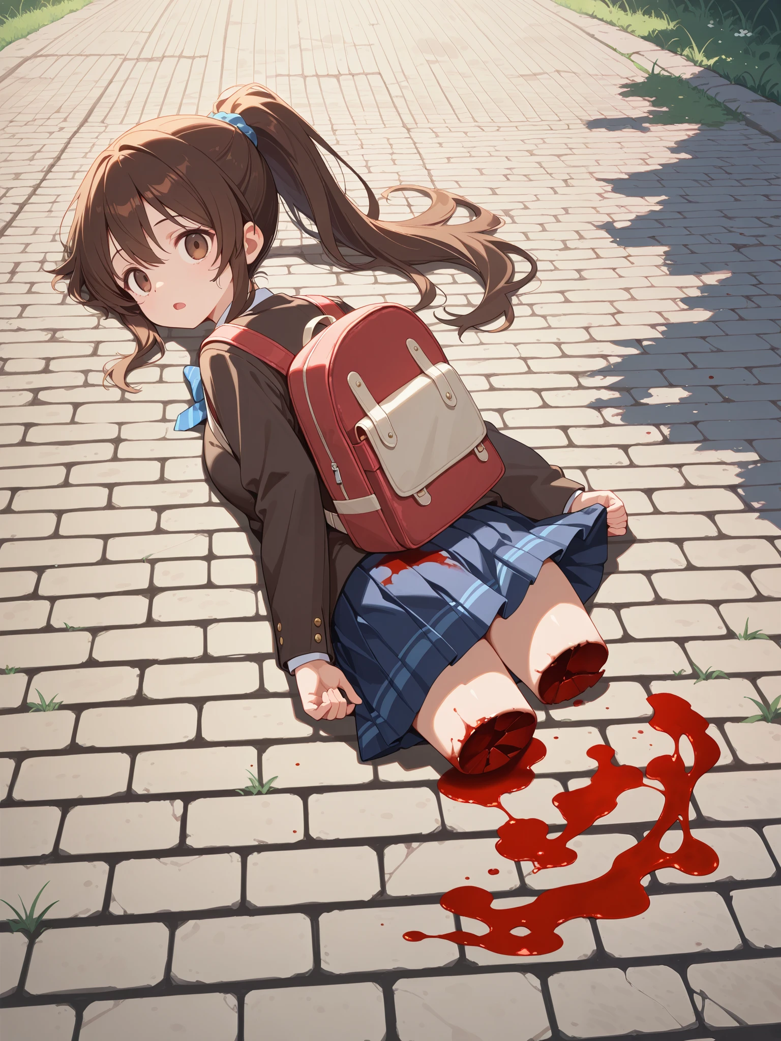 Masterpiece, hd, 2d, anime, brown hair, long  hair, ponytail, blank stare, opened mouth dead body, , gore, (gore:1.3), blood, (blood:1.2), a much of bloods, missing legs, broken legs, no legs, severed legs, dead body, wearing school uniform, backpack , outdoor,  lying, lying on ground, grass