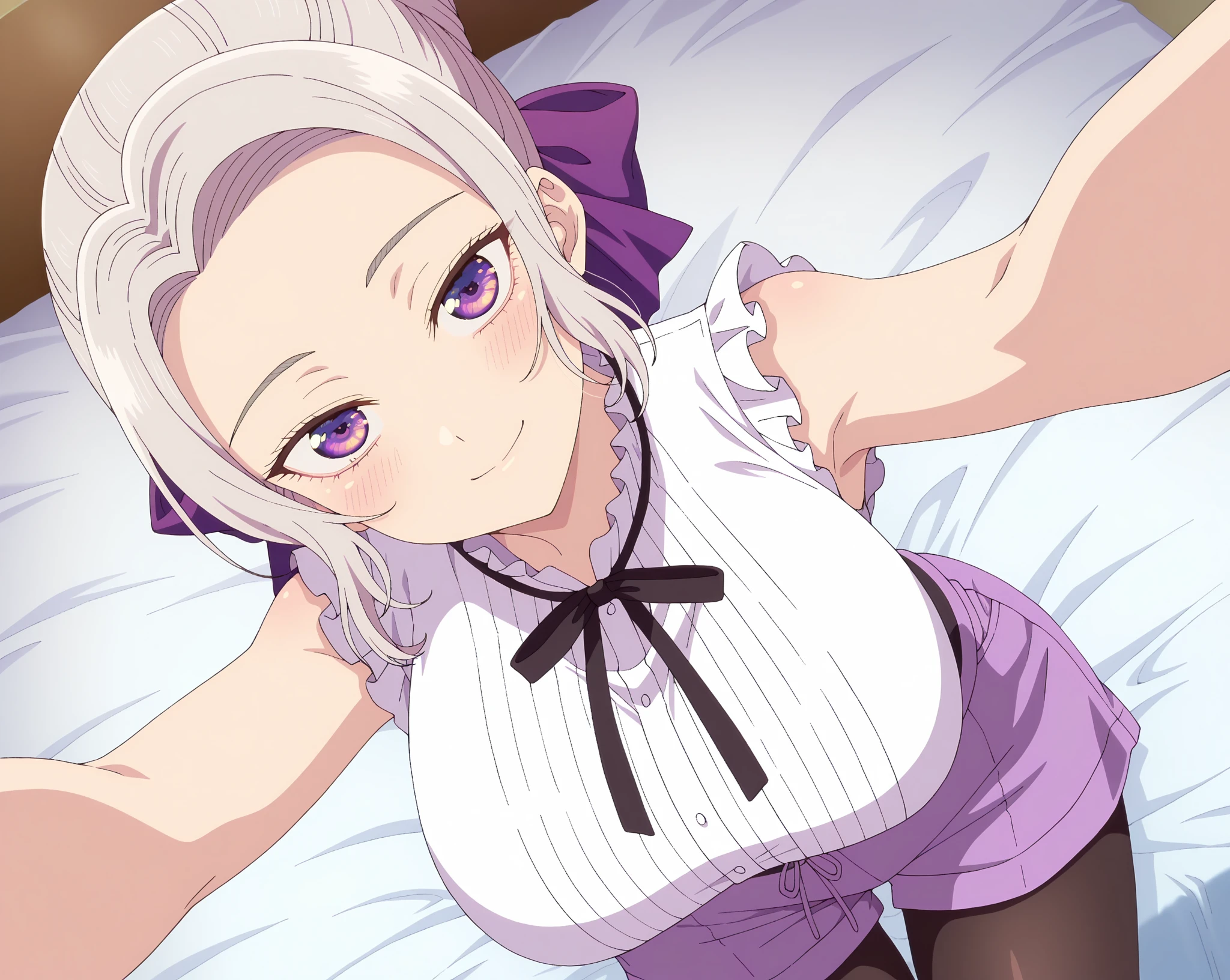 Hibana, 1girl, solo, portrait, smile, cleavage, laying down on bed, ((white strapless lace lingerie)), blush, perfect quality, good quality, masterpiece, HDR, UHD , big breasts, grab breasts, grabbing breasts, bouncing breasts, breasts out, nipples, purple eyes