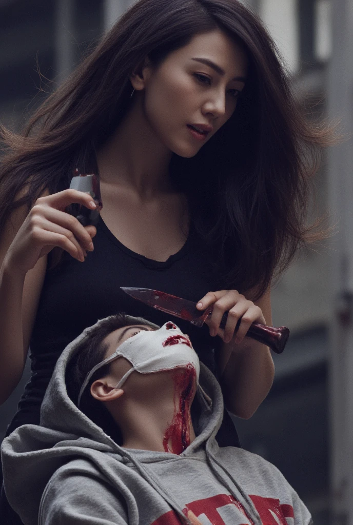 korean girl, (behind corpse, surgical mask), holding knife, stabbing, black leather gloves, room full of blood, woman on top, black trench coat, hood up, holding knife, black gloves, behind corpse, blood splatter, very long hair, night, mass murderer, robbery, underground,
