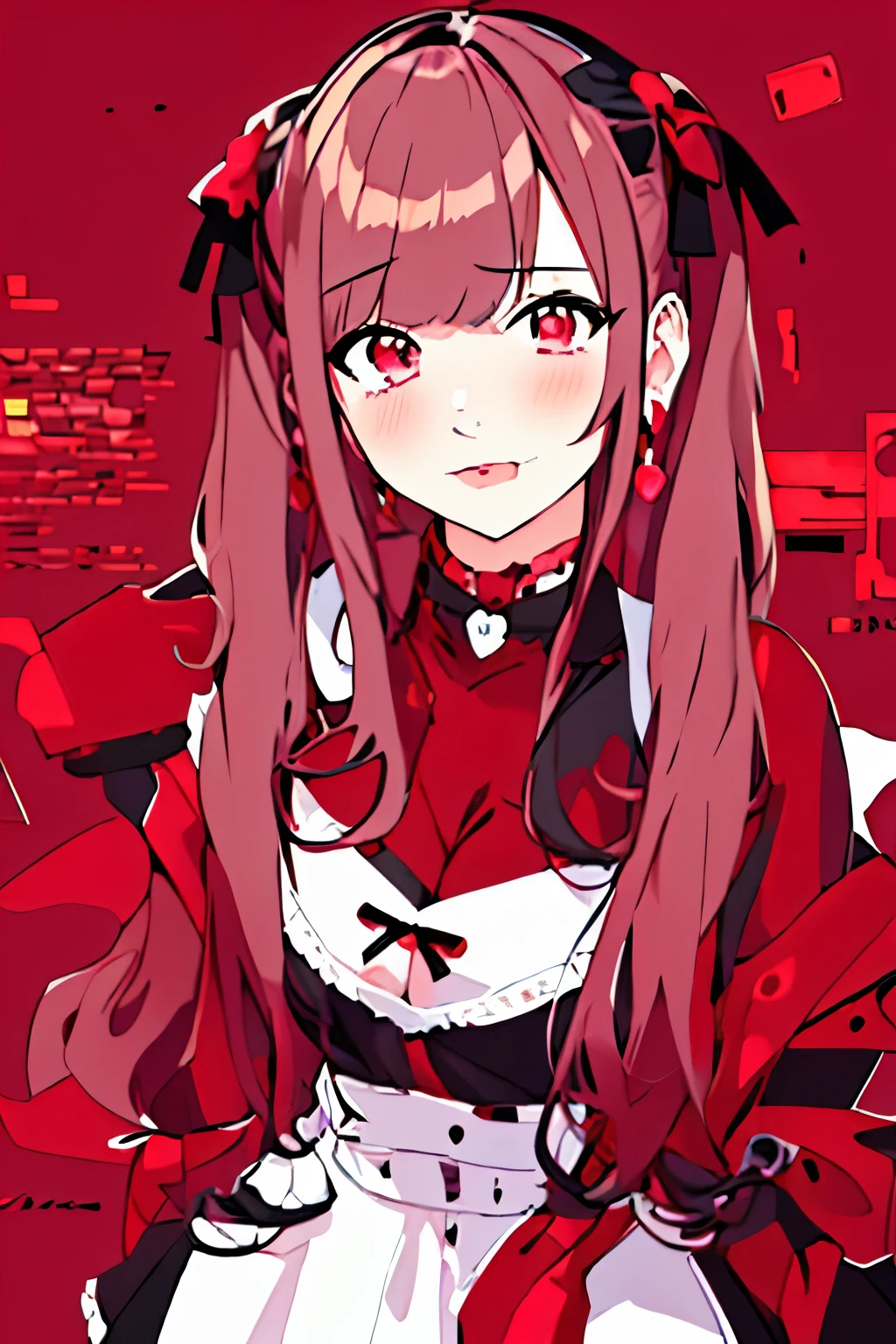 (masterpiece, best quality, ultra-detailed), (iLiFE! style:1.2), anime-style, beautiful girl,
(soft side-swept bangs:1.3), (slightly parted fringe:1.3), covering part of the forehead, long layered bangs,
pink hair, twintails, cute hair ribbons, (brown and black mixed lineart:1.2),
(maid outfit:1.2), white and pink dress, fluffy textures, elegant details,
(black and red background:1.3), stylish contrast, fantasy atmosphere