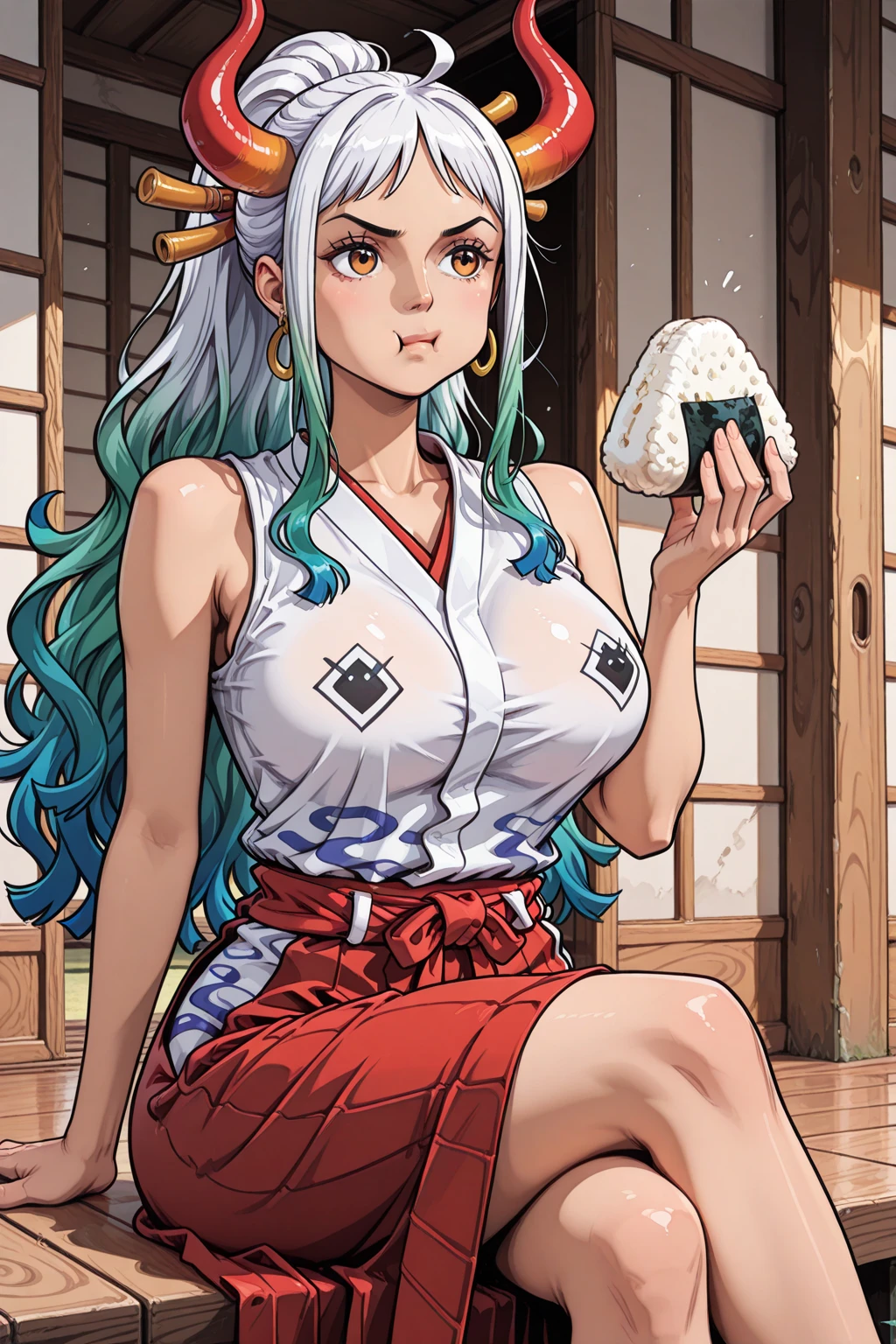 ultra realistic 8k cg, masterpiece, ((ultra detailed background, delicate pattern, intricate detail)), (highly detailed, fine details), best quality, (photorealistic:1.4),beautiful lighting, absurdres, RAW photo, film grain, ((Big breasts, Masculine girl)), Yamato, long hair, 1girl, horns, white hair, solo, oni, red horns, curled horns, hair ornament, (multicolored horns), jewelry, earrings, japanese clothes, kimono, hair stick, sleeveless, bare shoulders, aqua hair, sidelocks, hoop earrings, hakama, smile, wide smile, ((orange eyes, Masculine girl, Big breasts)), (complex detailed background, barren land, moon, portrait, close-up),a woman in a nappy plays with a dildo in her face, 1girl, mouth mask, solo, mask, phone, object insertion, v, pussy, anal, anal object insertion, holding phone, pubic hair, cellphone, thighhighs, female pubic hair, lying, black hair, smartphone, shoes, on back, white thighhighs, sex toy, stuffed toy, anus, holding, selfie, feet, looking at viewer