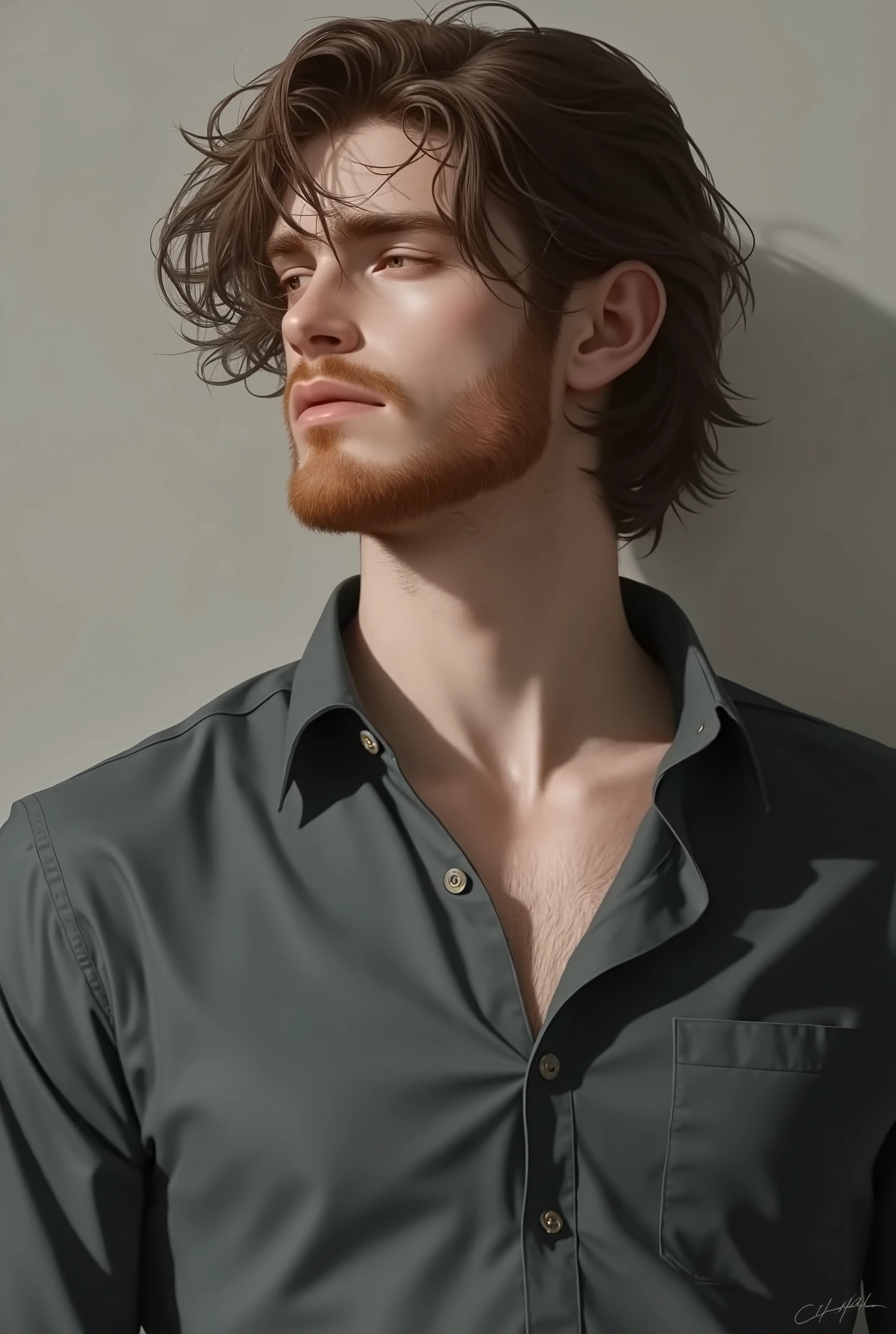 29-year-old man who looks young, he measures 1.80 meters tall, brown eye color, brown eyes, long hair, tie with a red beard and is depressed he is not in a suit
