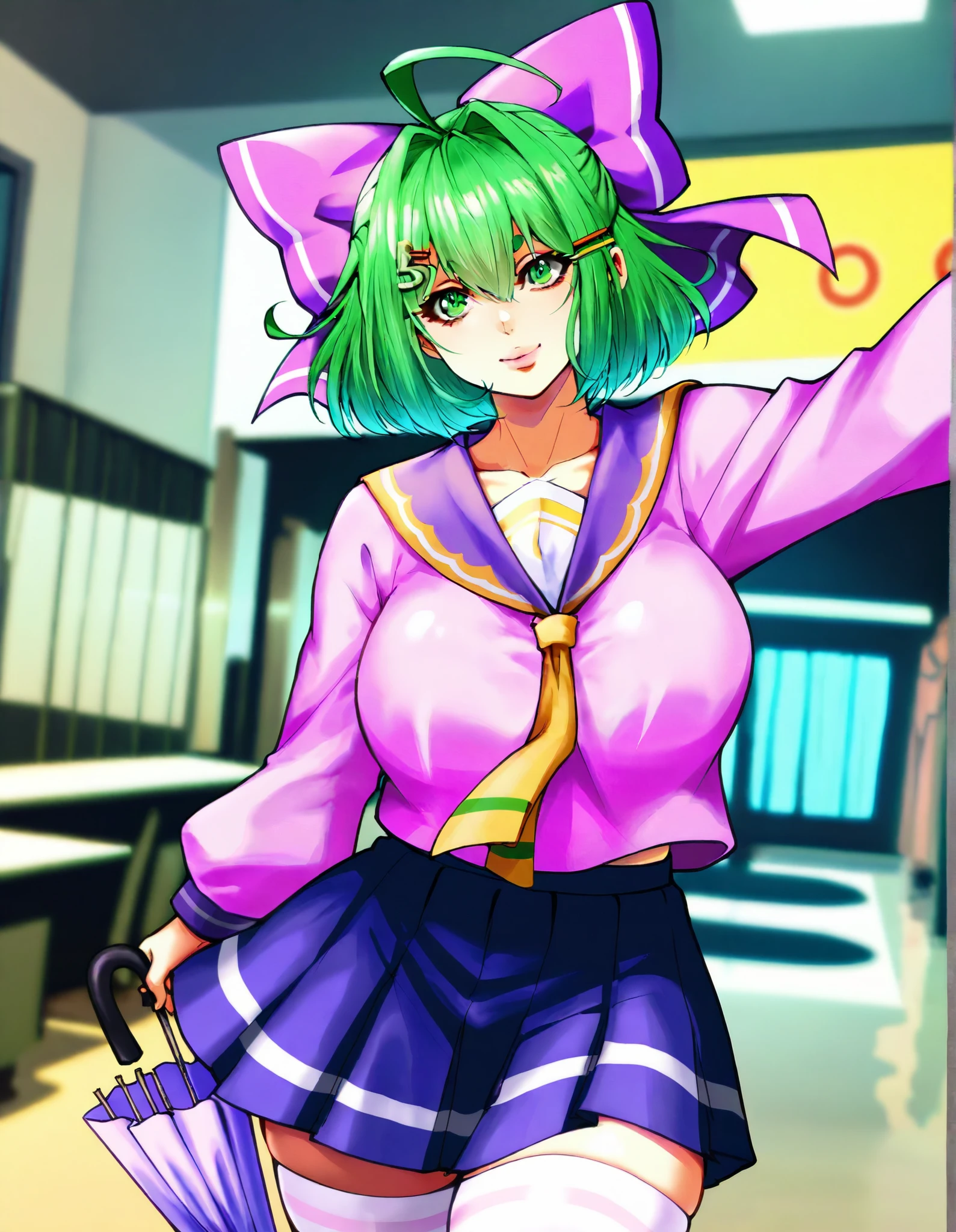 Score_9, Score_8_up, Score_7_up, (Best Quality), (super detailed), ( masterpiece, Best Quality:1.3), 1 woman with an umbrella, aldult, masterpiece, Best Quality, there is nothing there, HD, Details 1girl,Japanese cartoon, 成Mature Woman性, interior, Smile, age 30 - 40 ,Curvy Beauty, plump,Gentle, Big Breasts, Rift, prominent lips , Mature face,Mature Woman, Mother, ,green short hair, green eyes, purple bow headdress, Hairpin, purple and sailor collar, sailor uniform, blue pleated skirt, white stockings, Girl with green hair accessory, Ahog / scattered hair, M fringe / M shaped bangs green short hair, green eyes, purple bow hair accessory, Hairpin. Hair bow voluptuous, voluptuous female, watching the audience, high resolution, 8,000, 4K, high detail, Detailed bangs, Thick hair , high detail face, high detail eyes, delicate lips , dynamic lens, dynamic angle, Small nose, Eiga,,ahoge / stray hair,M-shaped fringe / M-shaped bangs Short green hair, green eyes, purple bow headpiece, barrette. Hair bow voluptuous, voluptuous female, looking at viewer, high resolution, 8k, 4k, high detail, detailed bangs, detailed hair, high detail face, high detail eyes, detailed lips, dynamic shot, dynamic angle, small nose, eigaka