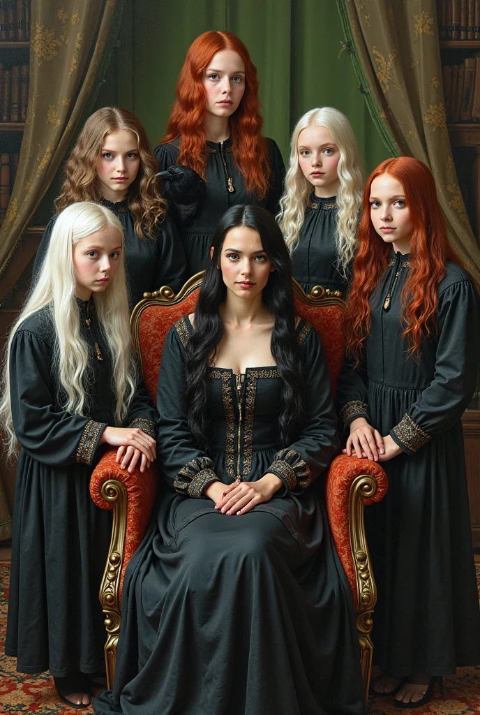 A vampire mother with long black hair in an 18th century bedroom sitting with her four children with the following characteristics: 1 white haired daughter, 2 red-haired daughters and 1 black-haired son