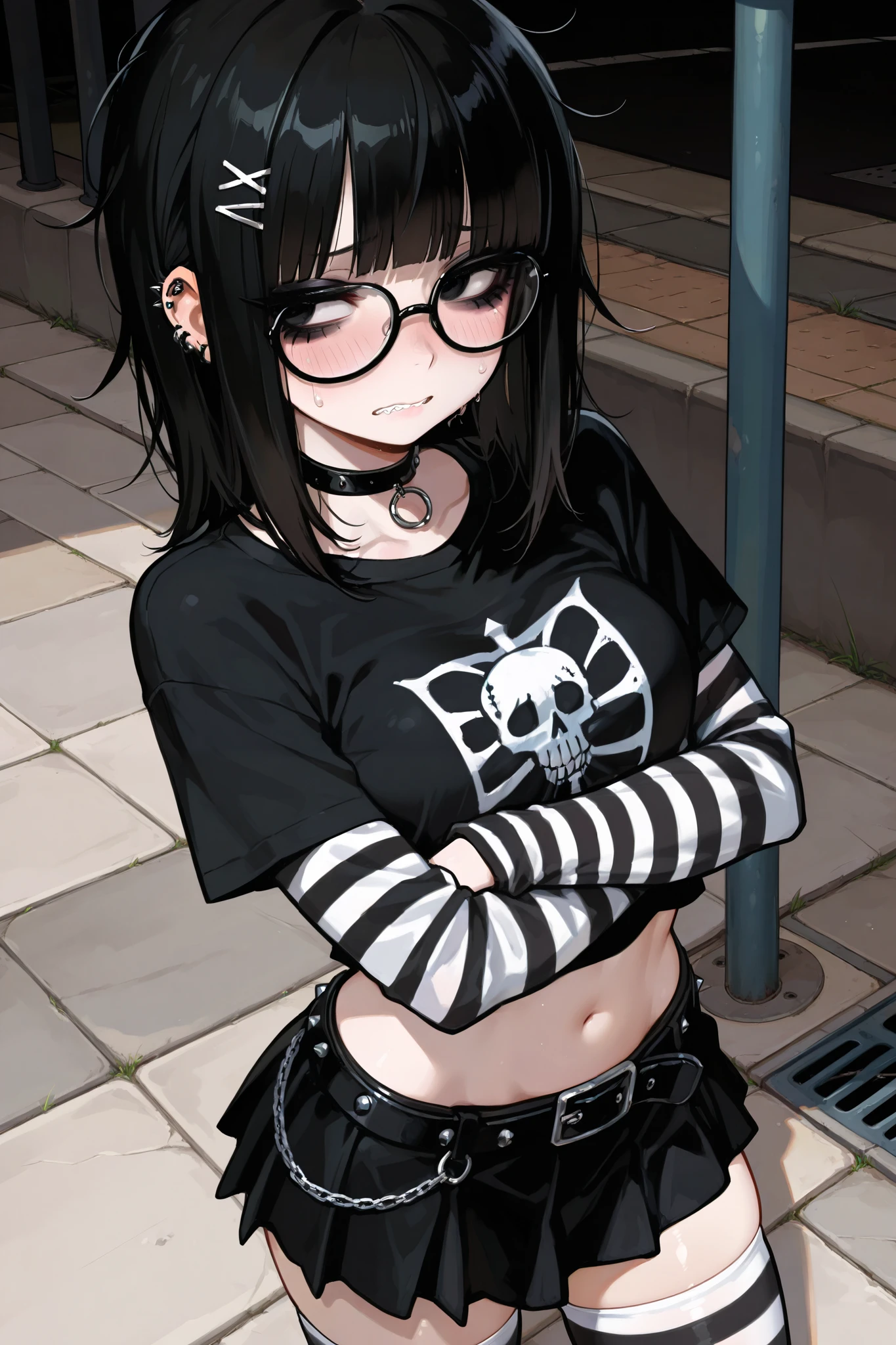 ((best quality)) , ((masterpiece)), detailed eyes, medium hair, black hair, blunt bangs, messy hair, thick eye lashes, light-tone skin, medium breasts, petite hourglass body, jagged teeth, black eyes, goth, black eyeshadow, glasses, ear piercings, hair clip, punk fashion style outfit, emo fashion, dark crop t-shirt, white striped arm sleeves, skirt, white striped thigh highs, belt, choker, sexy tummy, arms crossed, sidewalk, nervous, shy, looking afar