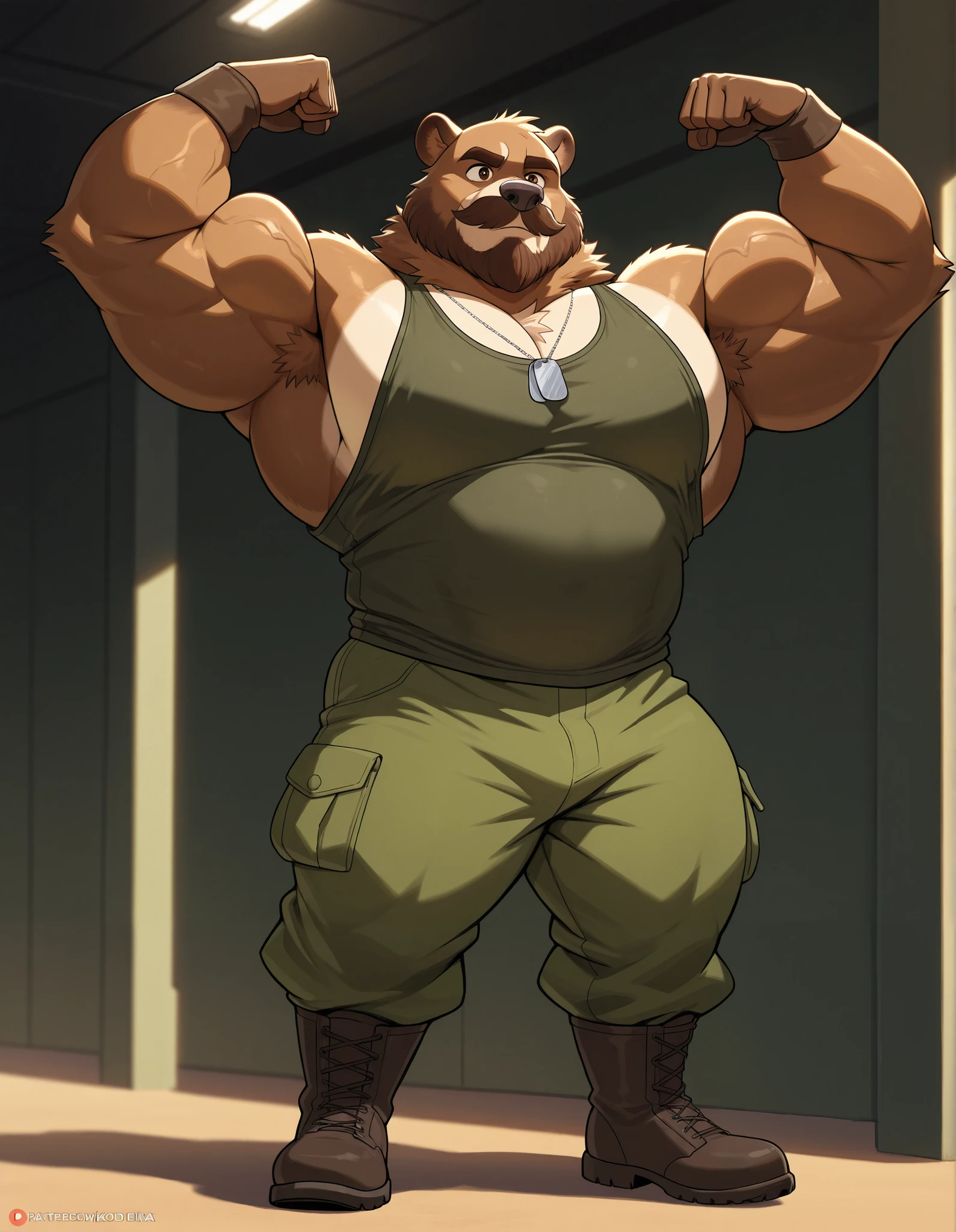 bara kodiak brown bear, strong physique, perfect anatomy, masterpiece, brown mustache and beard, wrinkles, huge brown fur, solo, great lighting, black huge muscular, green army pants, boots, tank top, dog tag, brown wristbands, military academy, gym set, flexing his biceps, arms up, hyper muscular, height: 7’8, weight: 440lbs, thick arms, huge pectoral. Walt Disney 2D Zootopia Animation Art Style.
