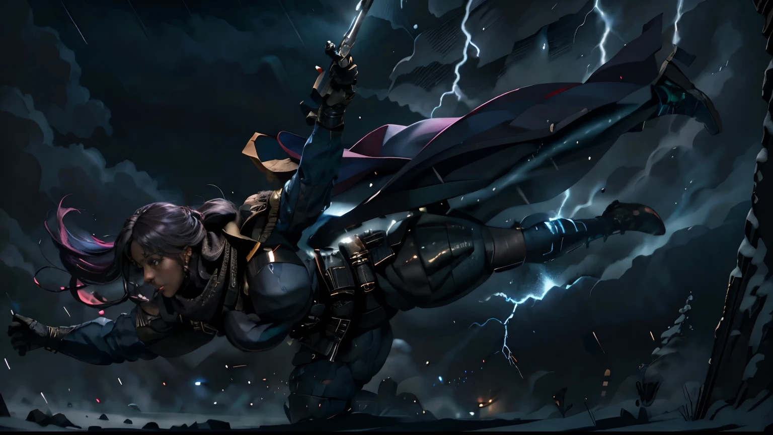 best quality,ultra-detailed,portrait, Teyonah Parris mixed with Joaquina Kalukango holding long rifle, (dark caramel skin), falling, air scene, big woman, 300lbs, strong thighs, long flowing hair, very dark skin, dark tactical uniform, ballistic vest, beautiful detailed lips, scarf, detailed long very long colorful hair, winter coat, falling from the sky, storm clouds, dark winter night, distant lightning, steely expression, crisp, high contrast, cool color tones,dramatic lighting, highly detailed, cinematic lighting, dramatic pose, hyper-realistic, 8k, masterpiece, full body