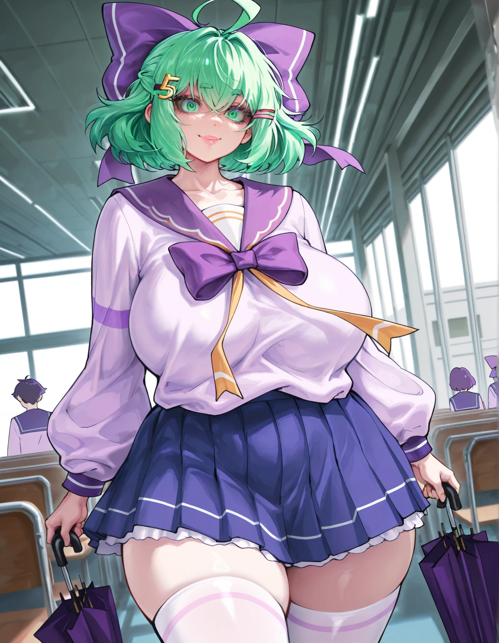 Score_9, Score_8_up, Score_7_up, (Best Quality), (super detailed), ( masterpiece, Best Quality:1.3), 1 woman with an umbrella, aldult, masterpiece, Best Quality, there is nothing there, HD, Details 1girl,Japanese cartoon, 成Mature Woman性, interior, Smile, age 30 - 40 ,Curvy Beauty, plump,Gentle, Big Breasts, Rift, prominent lips , Mature face,Mature Woman, Mother, ,green short hair, green eyes, purple bow headdress, Hairpin, purple and sailor collar, sailor uniform, blue pleated skirt, white stockings, Girl with green hair accessory, Ahog / scattered hair, M fringe / M shaped bangs green short hair, green eyes, purple bow hair accessory, Hairpin. Hair bow voluptuous, voluptuous female, watching the audience, high resolution, 8,000, 4K, high detail, Detailed bangs, Thick hair , high detail face, high detail eyes, delicate lips , dynamic lens, dynamic angle, Small nose, Eiga,,ahoge / stray hair,M-shaped fringe / M-shaped bangs Short green hair, green eyes, purple bow headpiece, barrette. Hair bow voluptuous, voluptuous female, looking at viewer, high resolution, 8k, 4k, high detail, detailed bangs, detailed hair, high detail face, high detail eyes, detailed lips, dynamic shot, dynamic angle, small nose, eigaka