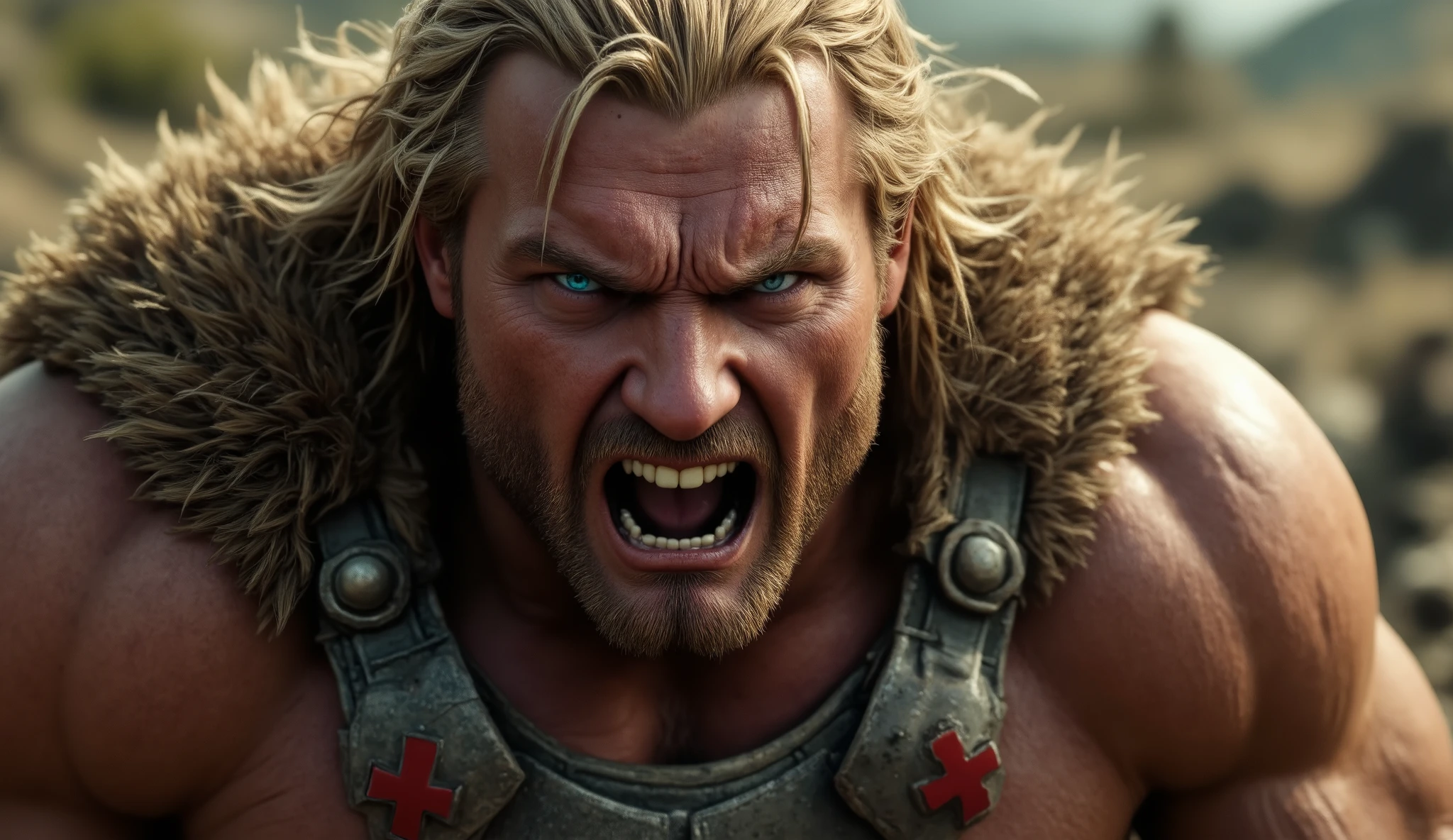Close-up of his face. (((He Man has an extremely angry and hateful face: 1.8))) (((He Man has blood, sweat and dirt on his face: 1.8))). He Man is a hyper-realistic warrior with a sculpted physique, played by Alexander Skarsgård. He Man is broad-shouldered, muscular and tall, with an aura of confidence. His long blond hair flows freely in the wind, framing his striking facial features and piercing blue eyes. He wears a brown fur loincloth, a silver chest harness adorned with a red cross emblem, leather wrist guards and sturdy boots. (((He Man is screaming))), his eyes convey hatred and fury. He Man is on the battlefield. (((He Man has blood, sweat and dirt on his face))), photorealism, super detailed, cinematic, photographic, ultra realistic