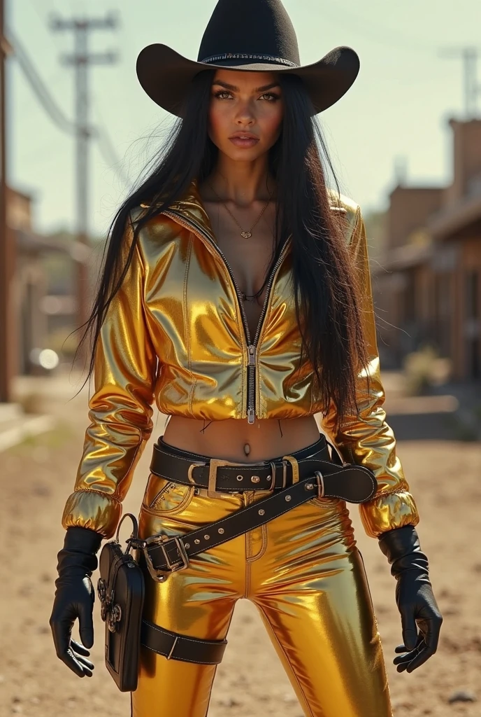(Vanessa Williams)long dark hair, gorgeous eyes, high arched eyebrows, seductive look,looking at viewer,big breasts,exposed cleavage,(popped collar gold satin shirt and black leather pants:1.5), black leather pants, stilettos, midnight modern metropolis Paris France neon signs background, spot lighting, backlight on hair, shallow depth of field, bokeh, sexy pose(no nsfw images)