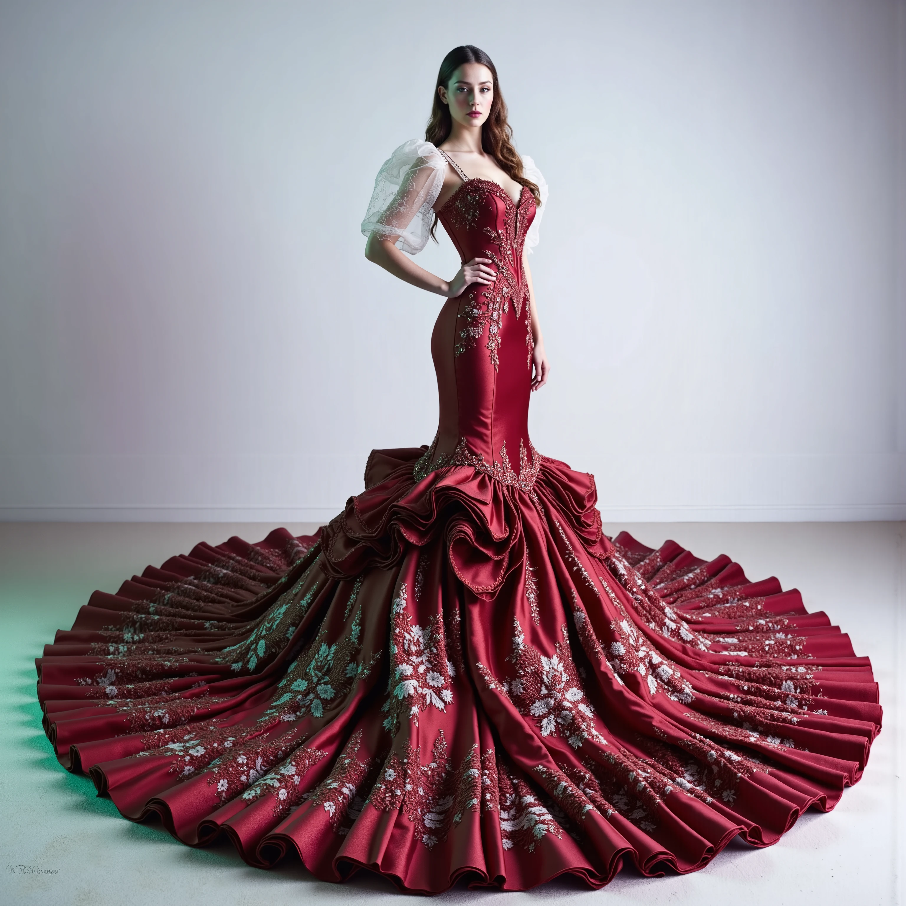  A red silk and satin mermaid style full-length gown with a fitted bodice and a super oversized flared skirt that has giant raised up ruffles at the bottom. This ridiculously oversized gown requires super high platform shoes, making the woman wearing this dress 18 to 24 inches taller than she is. This is only the kind of dress that a supermodel, the crazy wealthy, or a crazy celebrity would ever attempt to wear. Very experimental fashion, this gown has sheer puff sleeves, thin lace sleeves or thin straps,  adorned with white floral appliqués, sweetheart-shaped neckline lace, and red colored sequence adorns the top. Lightweight foam rubber and metal wires are the only thing underneath the oversized red silk and satin skirt that can lift and hold up this giant skirt and let the wearer walk and move at all in this unconventional, yet elegant ensemble. The bottom of the dress opens so that the fabric creates a large circular shape several feet in circumference larger than usual with a gown of this style. The skirt has puffed up outter material that hangs down in several layered rows from mid thigh, all the way down to the floor in three or four columns. The dress is made of red satin and silk, with white and pink floral arrangements and some interesting white and pink embroidery patterns. The green and pink spotlights cast color on the dress and on the white wall in the background. A very dramatic pose. Direct eye contact between the model and the viewer. Aesthetically incredible, iconic character, iconic style. Ultra-realistic, photorealistic, cinematic photography ultra-detailed. Very long wavey hair,sparkle,cinematic lighting,cinematic portrait, portrait photography,cinematography, full focus, UHDR, hyperrealistic, startling,experimental,avant-garde,unique,innovative,striking,captivating,model facing the camera, eye contact, macro photography, close up,Blue eyes, Parted Lips, Makeup, Wide-Eyed, Sparkling Eyes, Kubrick Stare, From Above, Best Quality, Masterpiece.