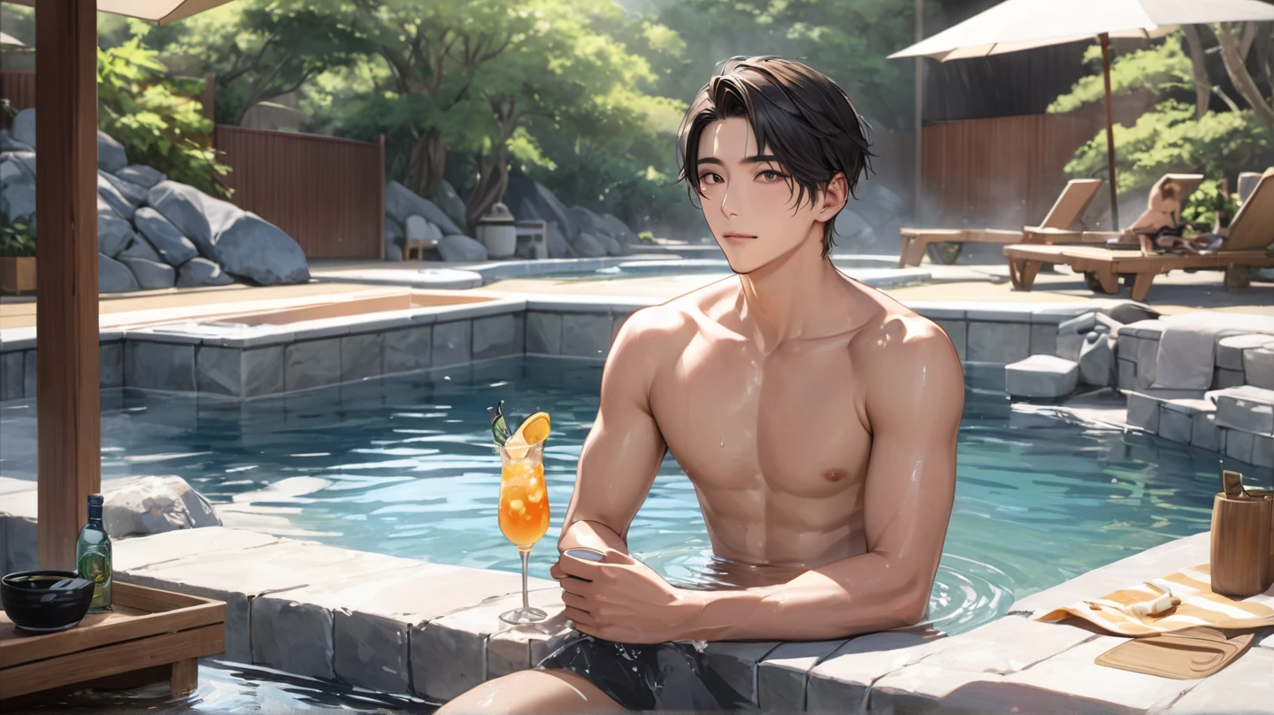 Realistic, a glass bottle of soda, on the table, summer noon, a 14 y/o idol boy, --no shirt, abs, (smile:0.7)