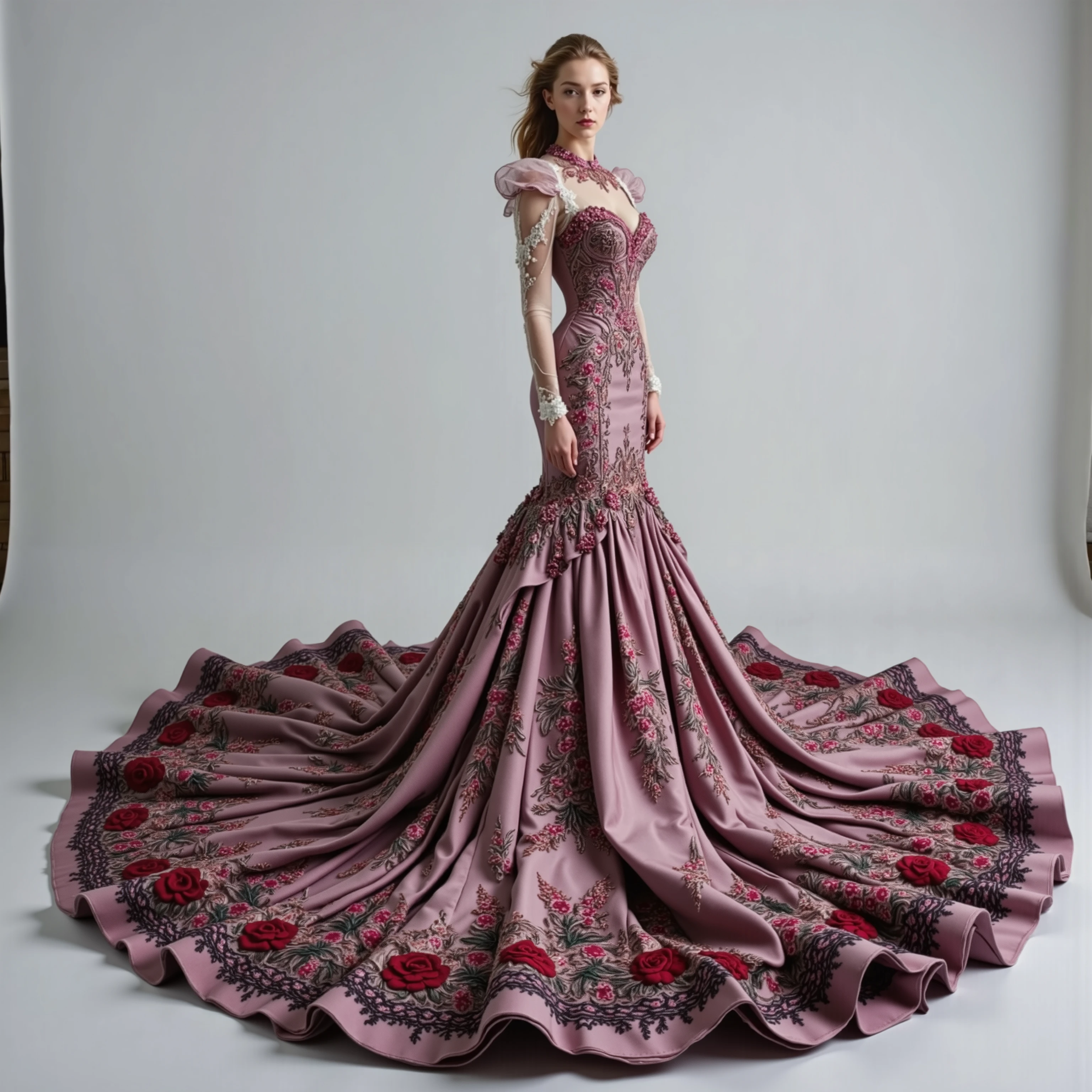 A very light pink and white silk and satin mermaid style full-length gown with a fitted bodice and a super oversized extra long flared skirt that has giant raised up ruffles at the bottom. This ridiculously tall and oversized gown requires super high platform shoes that will make the wearer 18 to 24 inches taller than usual. Thus is the kind of gown only a supermodel, the crazy wealthy, or a crazy celebrity would ever attempt to wear. Very experimental fashion, this gown has sheer sleeves adorned with red and white floral appliqués, sweetheart-shaped neckline lace, and pink colored sequence that adorns the top. Lightweight foam rubber and metal wires are the only things underneath the very oversized light pink,very long, silk and satin skirt, that can lift it and hold it up, so that the wearer can walk and move at all in this unconventional, yet elegant ensemble.The bottom of the long skirt opens so that the fabric creates a large circular shape on the floor that is several feet in circumference larger than usual with a gown of this style. The extra long skirt has puffed up outter material that hangs down in several layered bunches from mid thigh down to the floor in three or four rows or stacked up columns. The dress is made of very light pink satin and silk with some hot pink, red, and black flowers and embroidery patterns of crosses, hearts, etc. The green and pink spotlights cast color on the dress and on the white background. Very dramatic pose. Direct eye contact between the model and the viewer. Asthetically incredible, icon style. Ultra-realistic,photorealistic,cinematic photography,ultra-detailed.Extra Sparkle,cinematic lighting,cinematic portrait,portrait photography,cinematography,full focus,UHDR,startling, Realism,photorealistic,8K,physically-based rendering, experimental,avant-garde,unique,innovative,striking,captivating,model facing the camera,eye contact,macro photography, Parted Lips,Makeup,Kubrick Stare,From Above,Best Quality,Masterpiece.