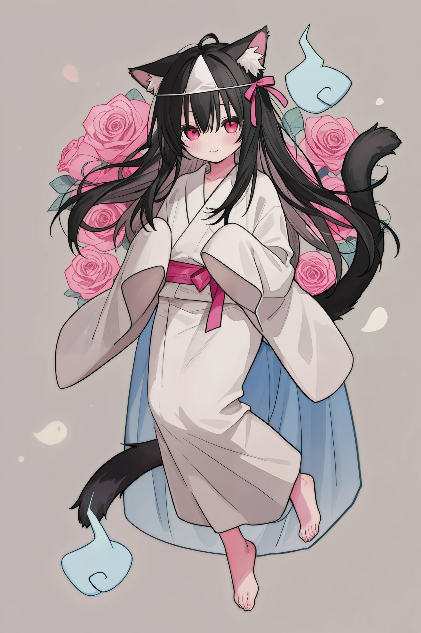 輝いた full moonの夜空、 full moon、High detail and high drawing volume、eyes drawn in super detail、high image quality during sick leave、high quality、anime、illustration for both eyes、digital art、ghost、 Triangle Headpiece、long hair、rose twin tail、gradient of pink at the tip of the hair、reddish black hair、Cat ears、Young face、Petite、No nose、eyes shining red and pink、 mischievous eyes 、 white yukata、bare feet、smile and open your mouth wide and vertical、full body、Body floats、stand、and souls float around、