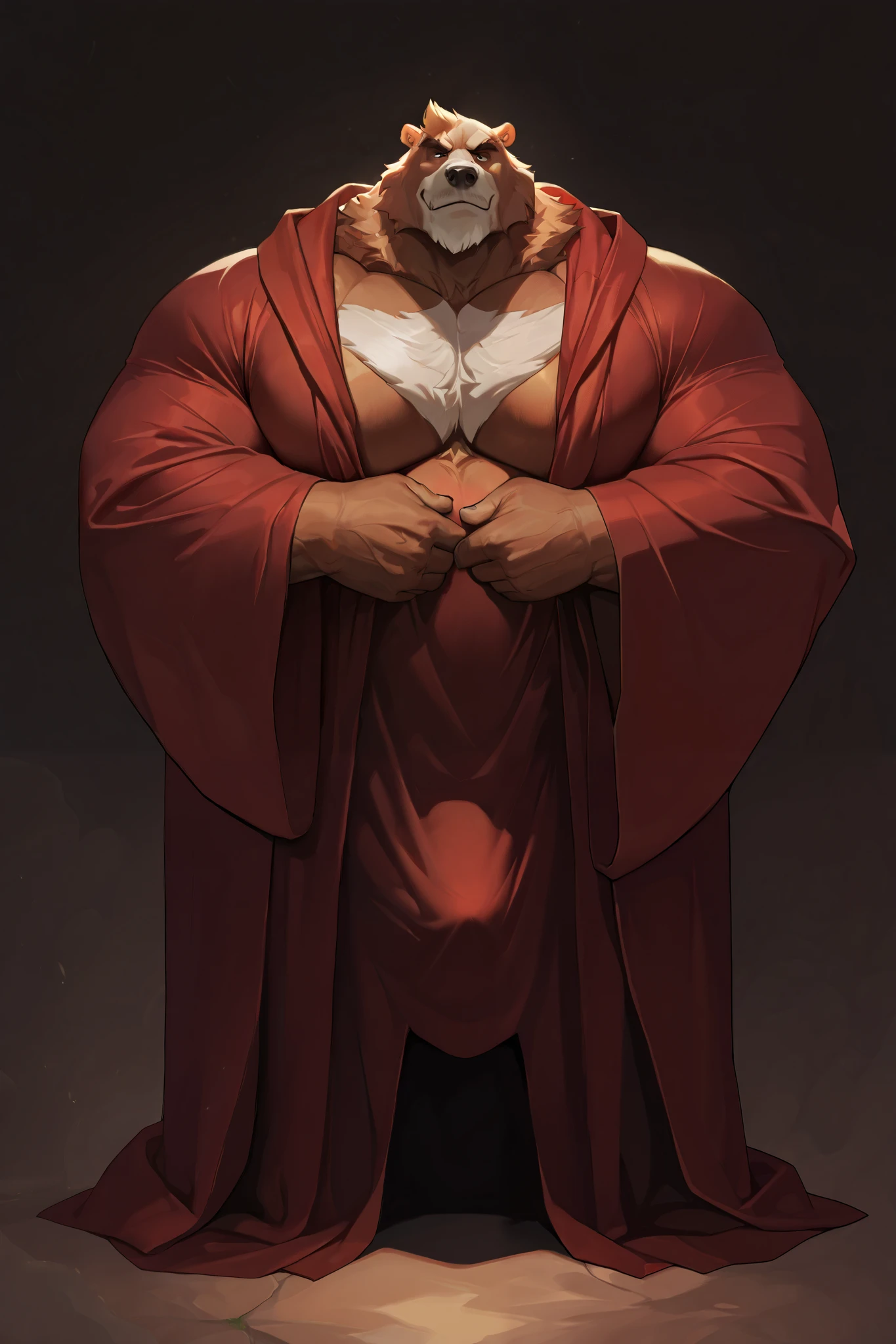 full-body: obese muscular Kodiak Bear, very huge gut, detailed pleased expression, old face, detailed eyes, toga; wide shoulder, thick arms, wide pectoral, muscle, messy silver/brown fur:1.2, detailed eyes, focus eyes, cock bulging under robes; masterpiece, semirealistic:1.2, high detailed, 8k, high resolution