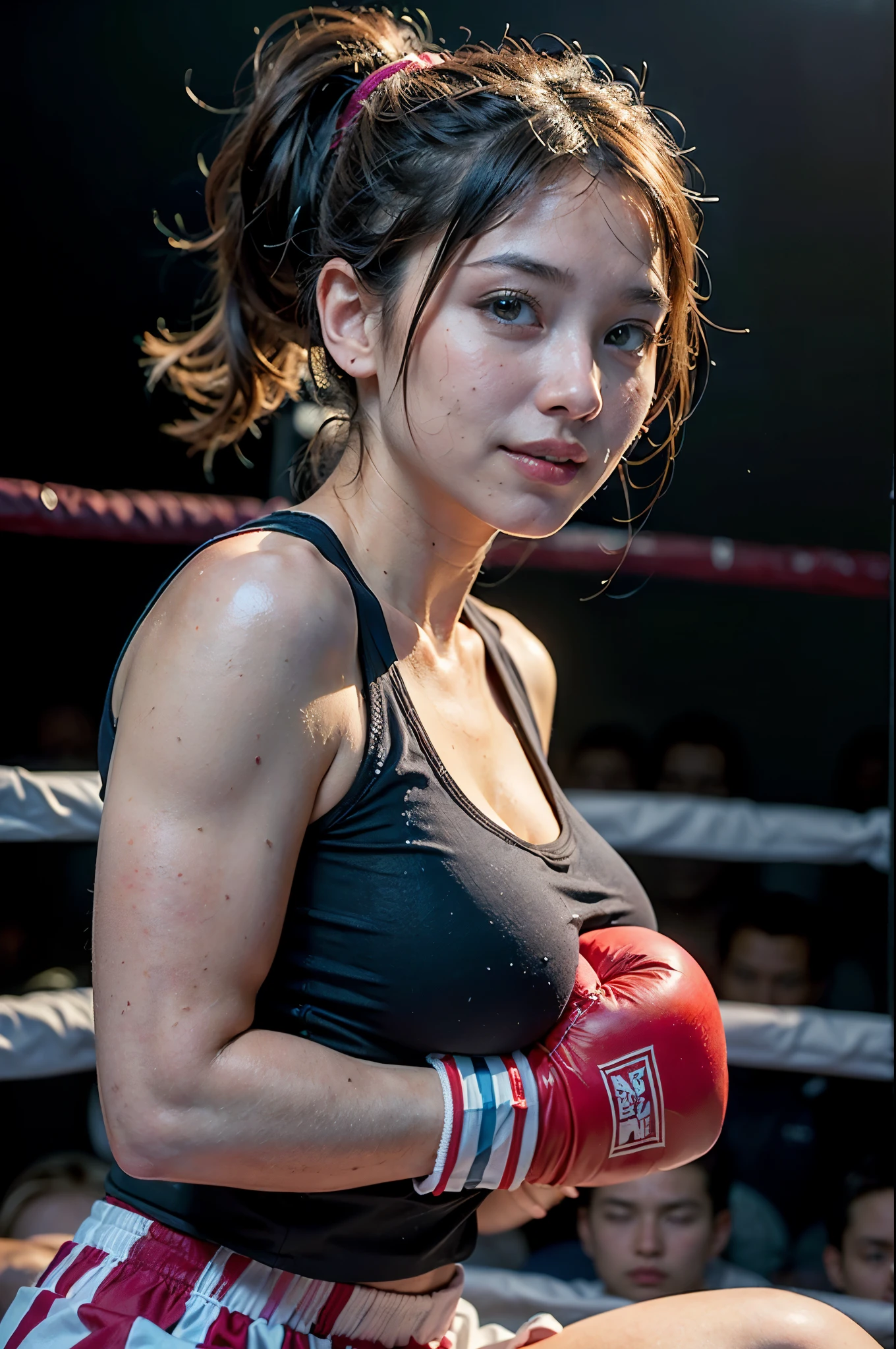 Kate Micucci, pigtails, boxing gear boxing shorts boxing gloves hung over shoulder wet sports bra sweaty leaning forward toward viewer cleavage eye contact teasing