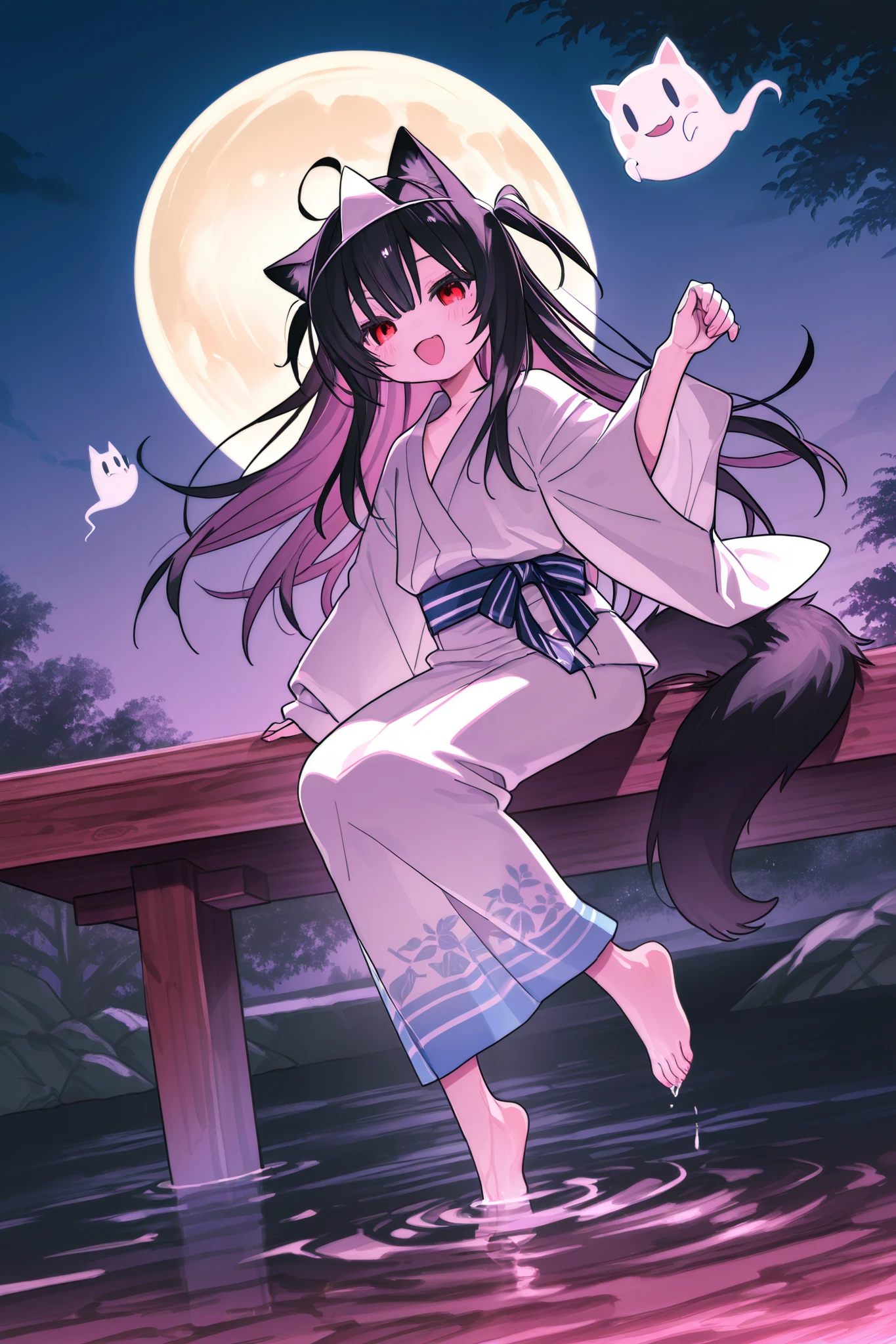 輝いた full moonの夜空、 full moon、High detail and high drawing volume、eyes drawn in super detail、high image quality during sick leave、high quality、anime、illustration for both eyes、digital art、ghost、 Triangle Headpiece、long hair、rose twin tail、gradient of pink at the tip of the hair、reddish black hair、Cat ears、Young face、Petite、No nose、eyes shining red and pink、 mischievous eyes 、 white yukata、bare feet、smile and open your mouth wide and vertical、full body、Body floats、stand、and souls float around、