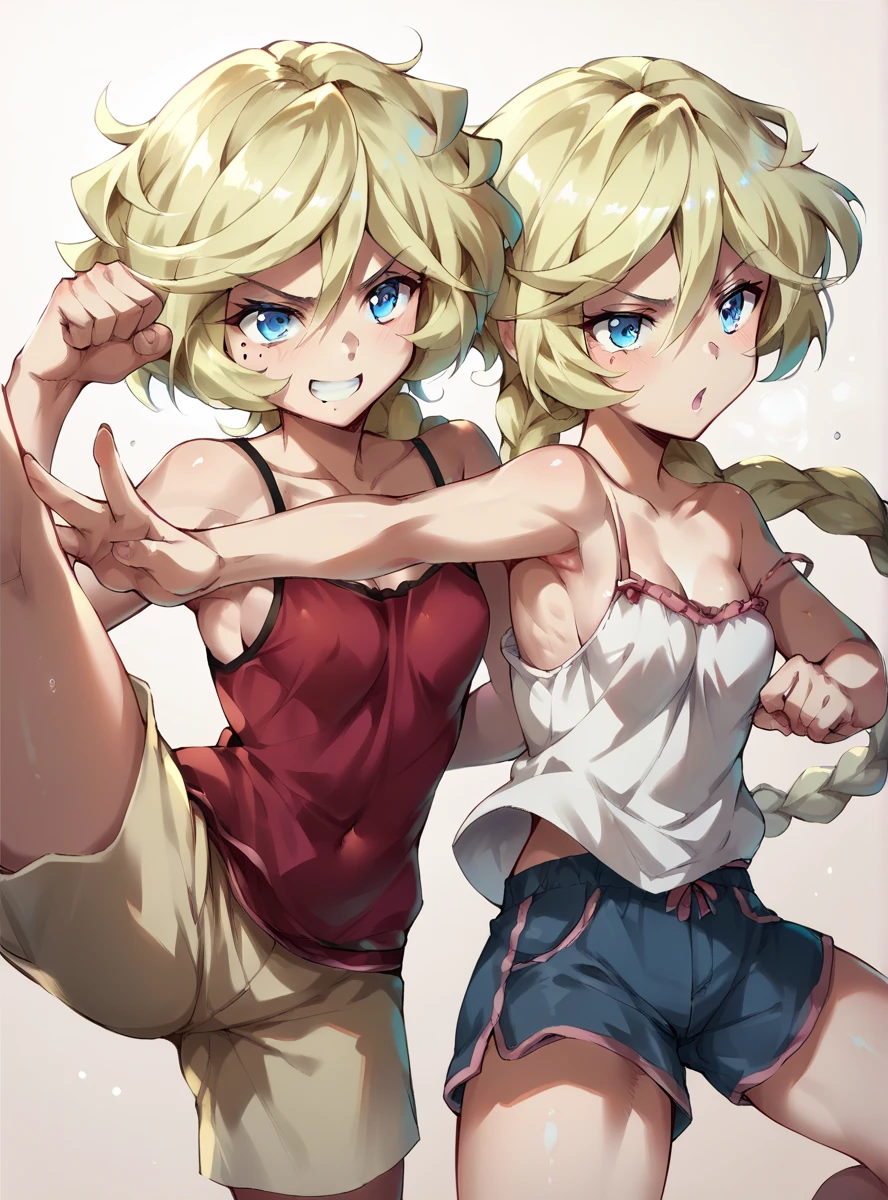 Bunny woman, rabbit woman, baggy pants, belt, blue eyes, tan skinned female, tanned, tan skin, dark skin, long pony tail, light brown hair, midriff, arm wraps,