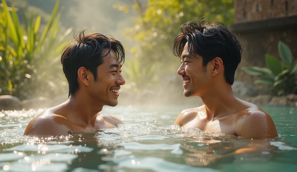 two men look at each other、30 years old、male、Japanese、very handsome、full-naked、abs、Pectoral muscle、body hair、open legs、spread legs、smile、bamboo forest、