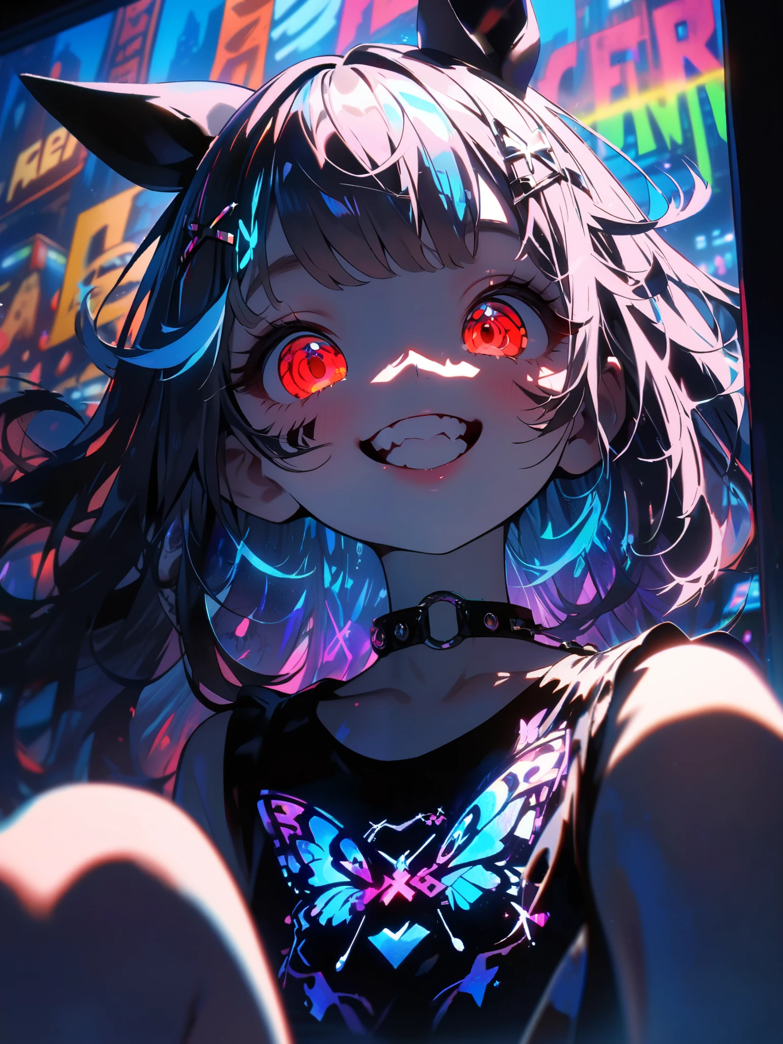 (very detailed fine touch:1.3), (2D:1.3), devil girl, (super very short hair:1.3), blunt bangs, (yellow glasses:1.3), underrim, headphones, devil wing, Tsurime Eyes, (glowing eyes:1.4), evil smile, (fangs:1.2), tongue out, mini dress, medium breasts, clavicle, cleavage, bat, hell