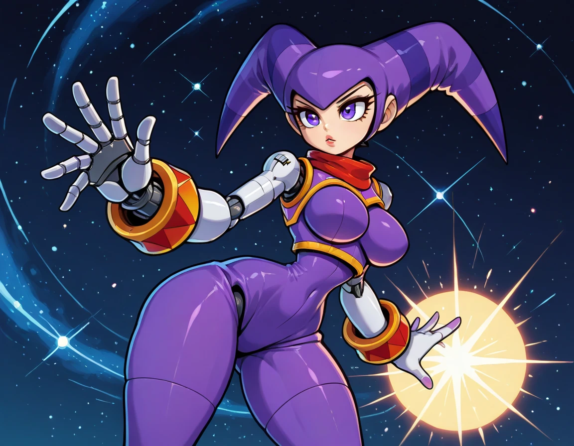 shantae, wide hips, gigantic breasts, high ponytail, blue eyes, (green leotard), o-ring, (comic cover), dark-skinned female, smile, space, magic, glowing, <lora:Shantae:0.6>, <lora:Comic-10:0.8>