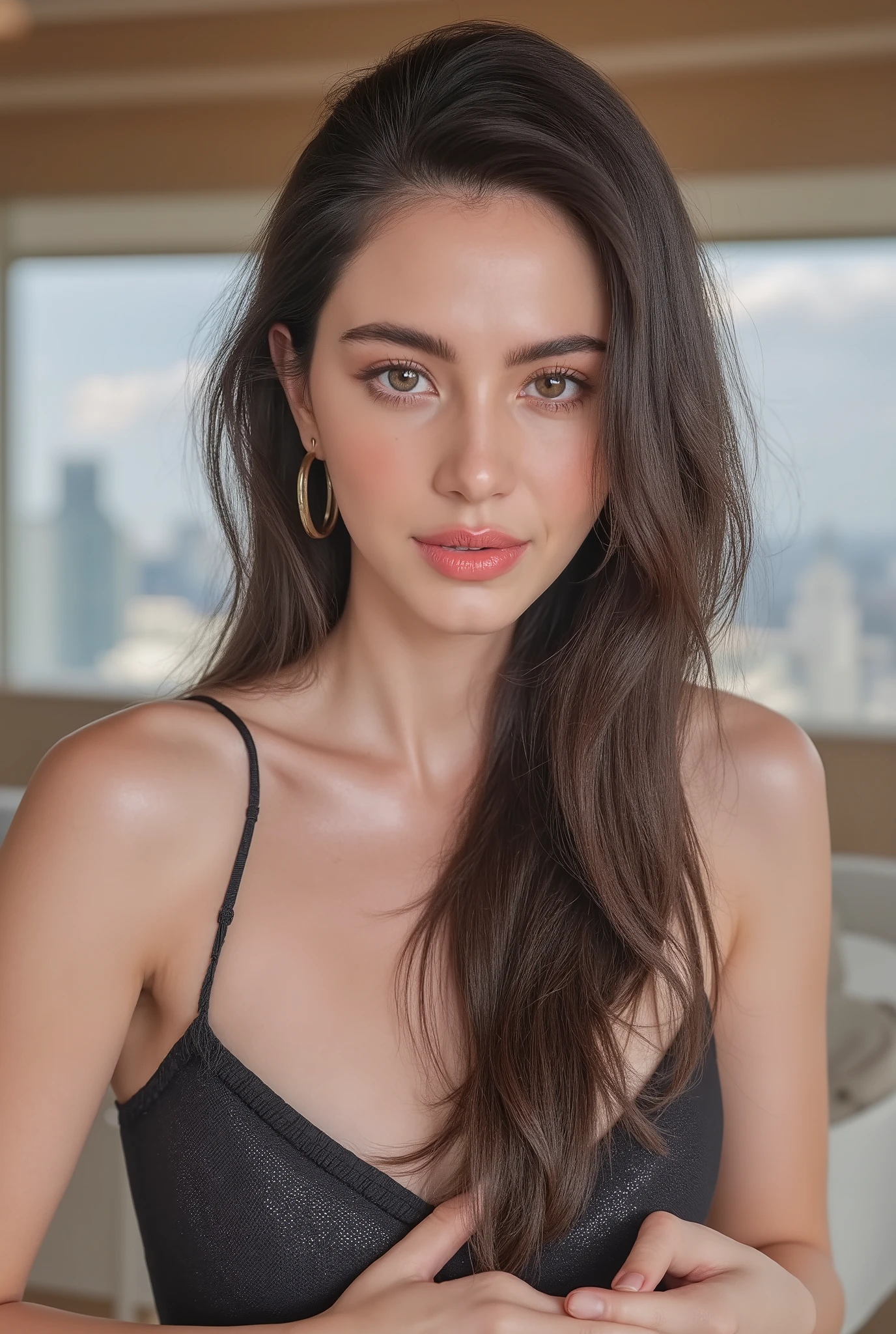 ((3D)), A professional photo, masterpiece. Mai Davika Hoorne, beautiful pale skin Russian woman, brown ponytail hair, holding her chest for a tits job, ultra detailed facial features, natural facial skin without make up, alluring facial expression, UHD, 16K, RAW, natural eyes, photorealistic, soft lighting, (((nude))), (((naked))), POV, tits fuck, tits job, ((big breast)), tight cleavage, perky tits, ample chest, ((pink nipples)), cum on chest, heaving chest. In luxury chamber.