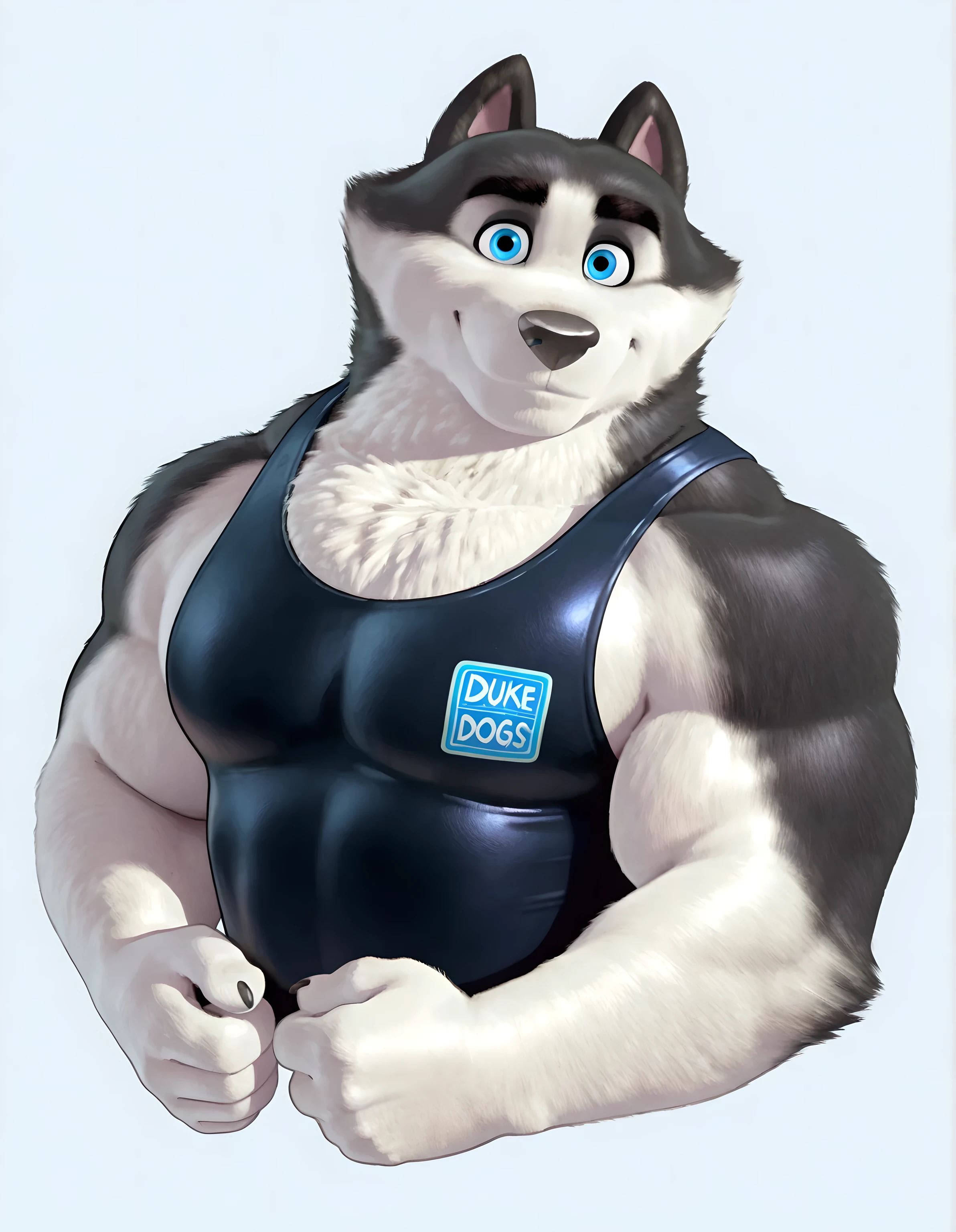 Duke (Arctic Dogs), anthro dog, black fur, white fur, male, blue eyes, high quality, half body, looking at viewer, solo, simple background, thick arms, muscular, wrestling singlet