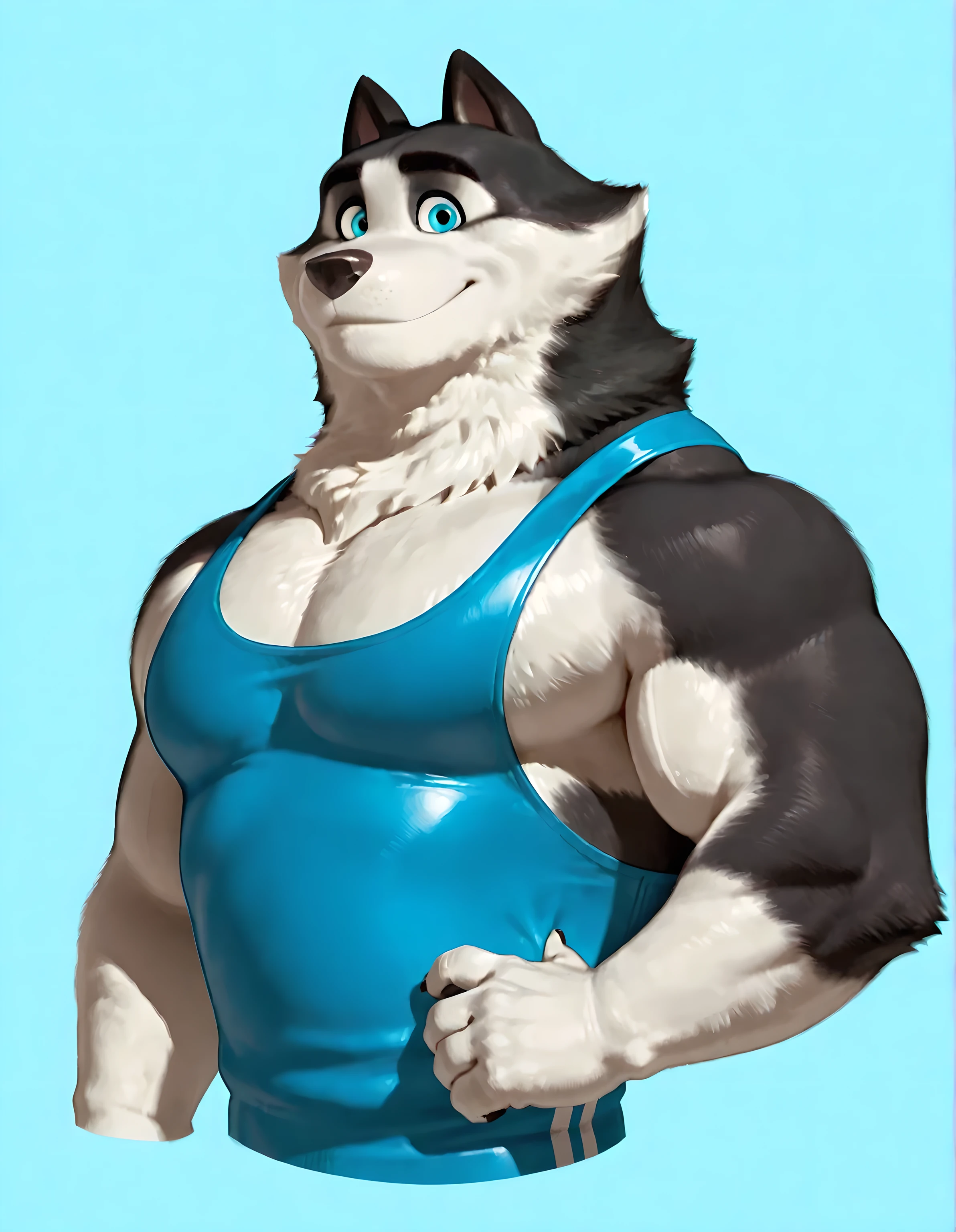 Duke (Arctic Dogs), anthro dog, black fur, white fur, male, blue eyes, high quality, half body, looking at viewer, solo, simple background, thick arms, muscular, wrestling singlet