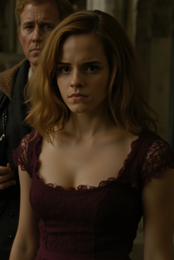 ((Charlize Theron)) in a white netrunner suit that is revealing more than it is hiding speaks with ((Emma Watson)) in a great hall in Hogwarts wearing only a red wizard garment