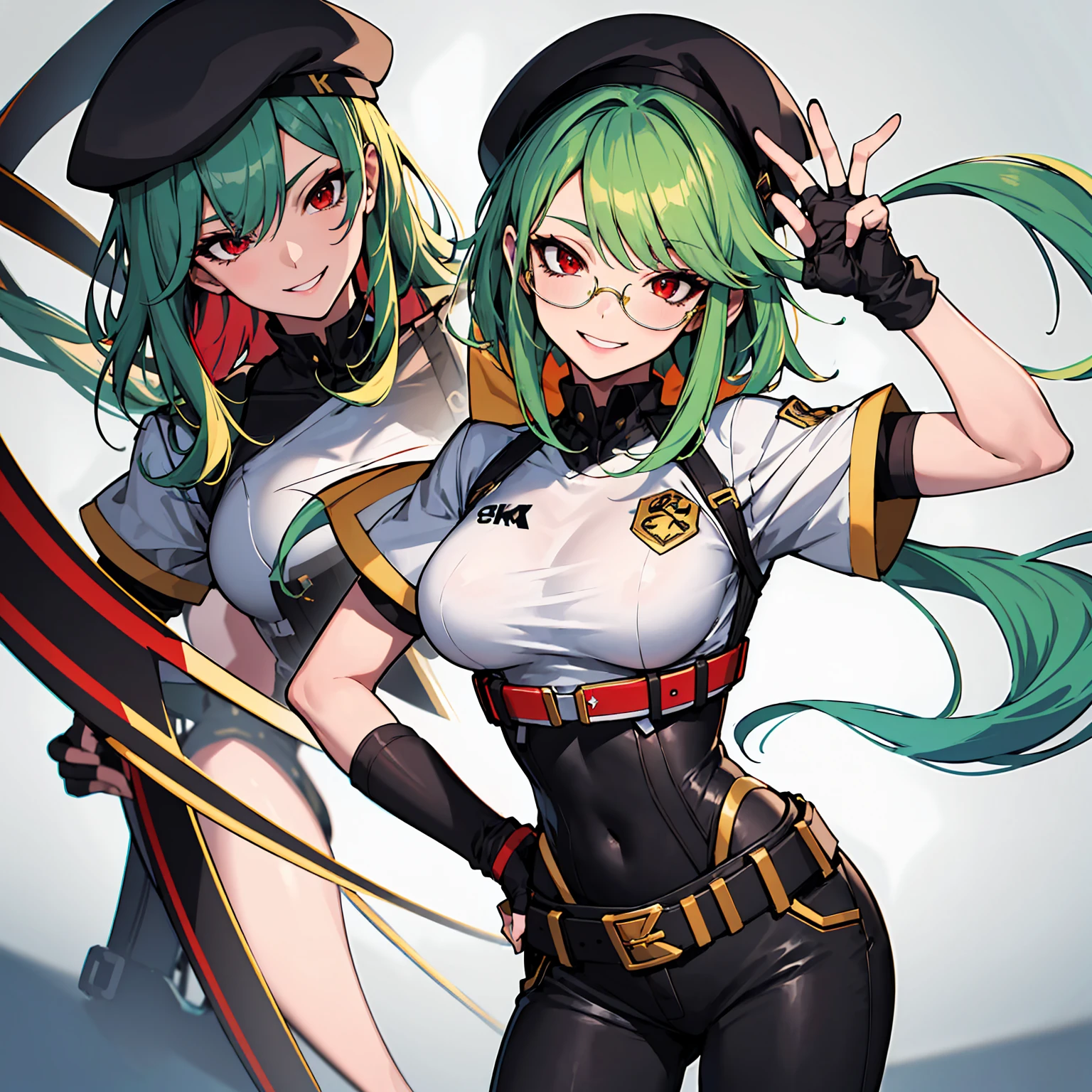 1 girl, small, goblin girl, female goblin, goblin, green skin, large ears, full body, muscular , (Yoko Littner clothes), jeans hot pants, short black hair