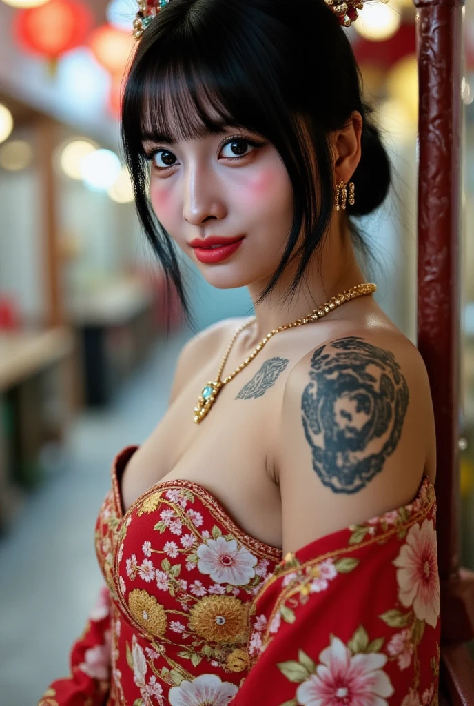 a beautiful girl with detailed tattoos on her body, ((text tattoo on body:LOVE)), wearing a sarong dress, beautiful detailed eyes, baby face, cute girl, large breasts, earrings, photorealistic, masterpiece, 8k, realistic, hyperdetailed, cinematic lighting, dramatic lighting, natural skin tones, vivid colors, warm color palette