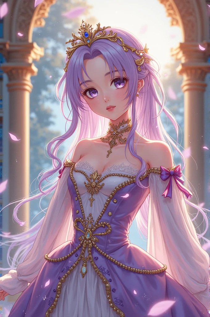 Princess, princess dress, purple dress, puffy sleeves, breasts, tan skin, crown, long hair, silver hair, blue eyes, teasing, diamonds, jewelry, earings, water, wet, 1girl, solo, mastrpiece
