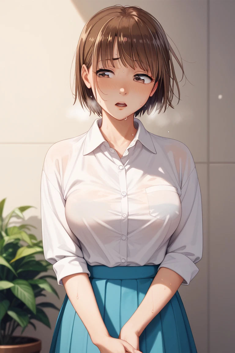 8k,masterpiece, bset quality,big, (1 girl), Ana de armas, brown_eyes, brown hair, short hair, professional lighting, (shiny skin: 1.2), shiny big, ((best quality)), sharp focus: 1.2, highly detailed face and skin texture, detailed eyes, perfect face, perfect body, blur art, cg, background, Big breasts, presence (20yo, mature cool and beautiful face), wearing ((blue skirt), white taut shirt, thigh), blush, (mittgal), random pose, top view, perfect eye, madure face