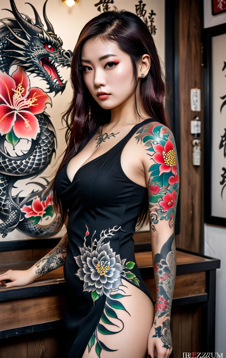 masterpiece, best quality, high quality, highres, solo, 
1girl, tall female, pose, curvy, large breasts, narrow waist, very long hair, sitting, yamakasa, onsen, 
CONCEPT_irezumi_YakuzaTattoo_ownwaifu, www.ownwaifu.com, 
 irezumi, yakuza, tattoo, arm tattoo, floral print, shoulder tattoo, red flower, flower tattoo, full-body tattoo, 
<lora:CONCEPT_irezumi_YakuzaTattoo_ownwaifu-15:0.7>