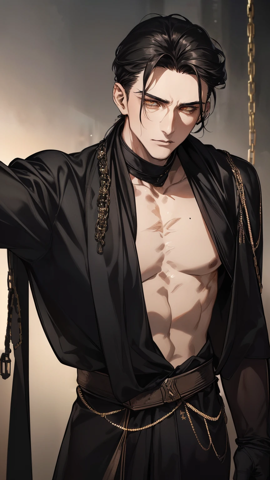 absurderes, high resolution, ultra detaild, realisitic, ), 1 men, Japanese, bad boy, standing alone, grown-up, mellow, tall and muscular guy, broadshouldered, bonitas, short hair pulled back,Bblack hair, eyes browns, angular jaw, Neck grosso, arched eyebrows,formal clothing open with a few buttons on the chest, necktie, trunk, tatoo, Black rose, Neck, small, looking straight ahead .