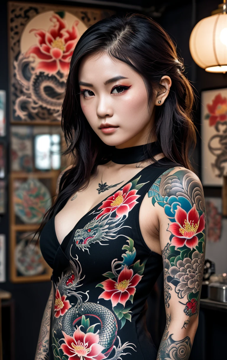 "Capture the essence of a mysterious figure, his body covered in mesmerizing (woman)Yakuza-inspired tattoos, standing in a hazy, smoke-filled room, exuding an alluring blend of strength and enigma."