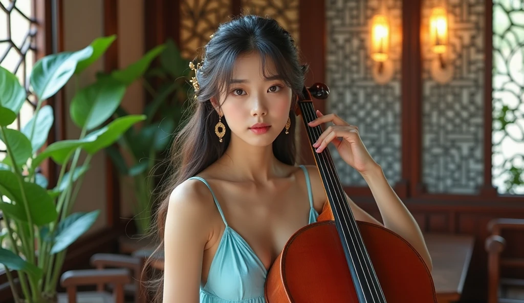 extreme close-up of beautiful beautiful korean female, 34 inch breasts size, wearing long dress , necklace , play violin, bokeh background , cinematic scene, UHD