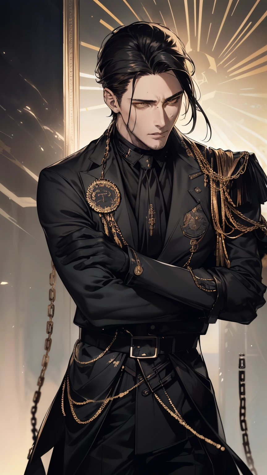 (Photo taken from right, clear, quality) (Modern), man,man,masculine,30years old. Short black hair ,slicked back hair , yellow eye,handsome face, toned body, muscular, soft and slender,slightly red cheeks, . wearing black gloves,chain of soldiers. Wearing combat costume.*
