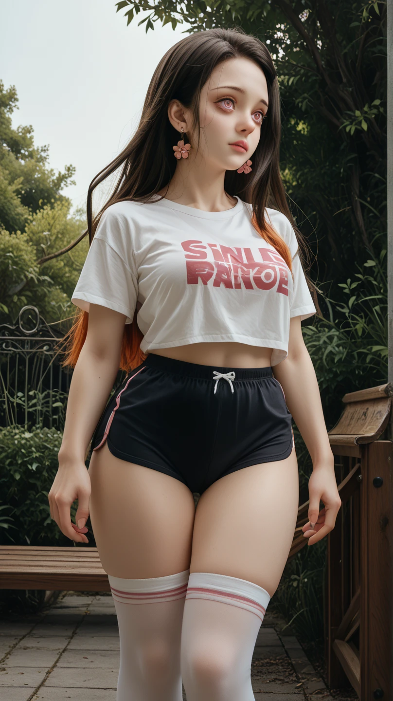 young girl of 25 years with long red hair with waves,con curvas notables, pecho grande, ojos marrones oscuros y labios gruesos, y sacando la lengua .modelo urbano de instagram con ropa camiseta de baloncesto transpararente, medias y de pie, posando con estilo, elegante, figura curvy, realistic photography, de pie delante de la ventana. primer plano de cerca