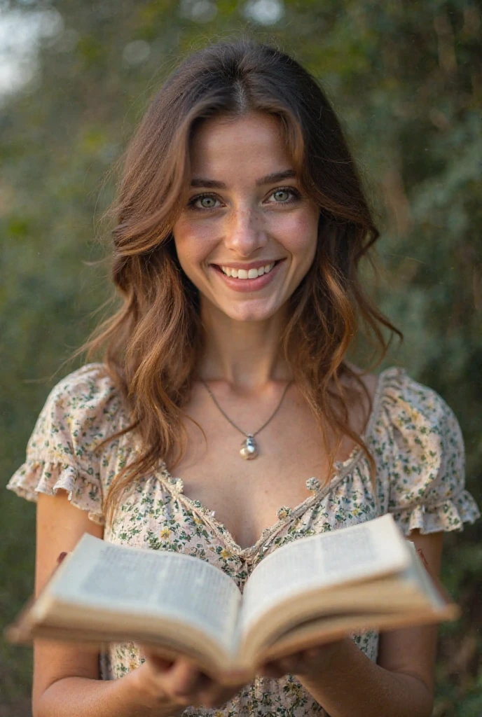super close-up on a beautiful woman with brown hair, sweet smile, green eyes, green shirt, and blue denim shorts, holding a book