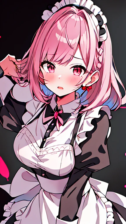 TachibanaHinano, Long hair, (split-colored hair, Black hair, Pink hair:1.3), Blue eyes, bow ribbon , White shirt, (Black bra), Pleated skirt, Miniskirt, (Best Quality, 8K, 32K, masutepiece, nffsw:1.3), 1girl in, (Abs, Slender figure, Perfect body :1.2), ((Very detailed)), (Perfectly detailed face), (Highly detailed hands), Smile, blush, White panty,up skirt,Lace panties, Girl seen from the floor, It's okay to wear a skirt, View from below, I can see my panties, cleavage cutout, Large breasts, White background,