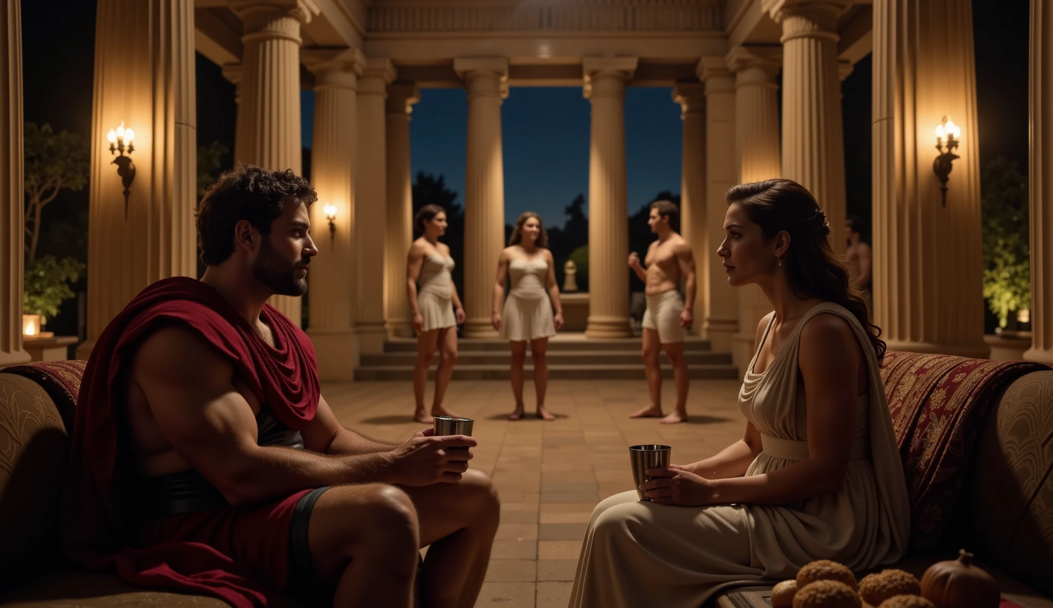 A realistic night scene in the hall of an ancient Greek palace, lit with torches. In the center, Hercules is sitting on a couch talking to Queen Hippolyta. Both are holding silver cups. The image is high definition and ultra-realistic, like a scene from a movie. Perfect hands. At his feet are amphorae of wine and a small table with fruit and baked goods.